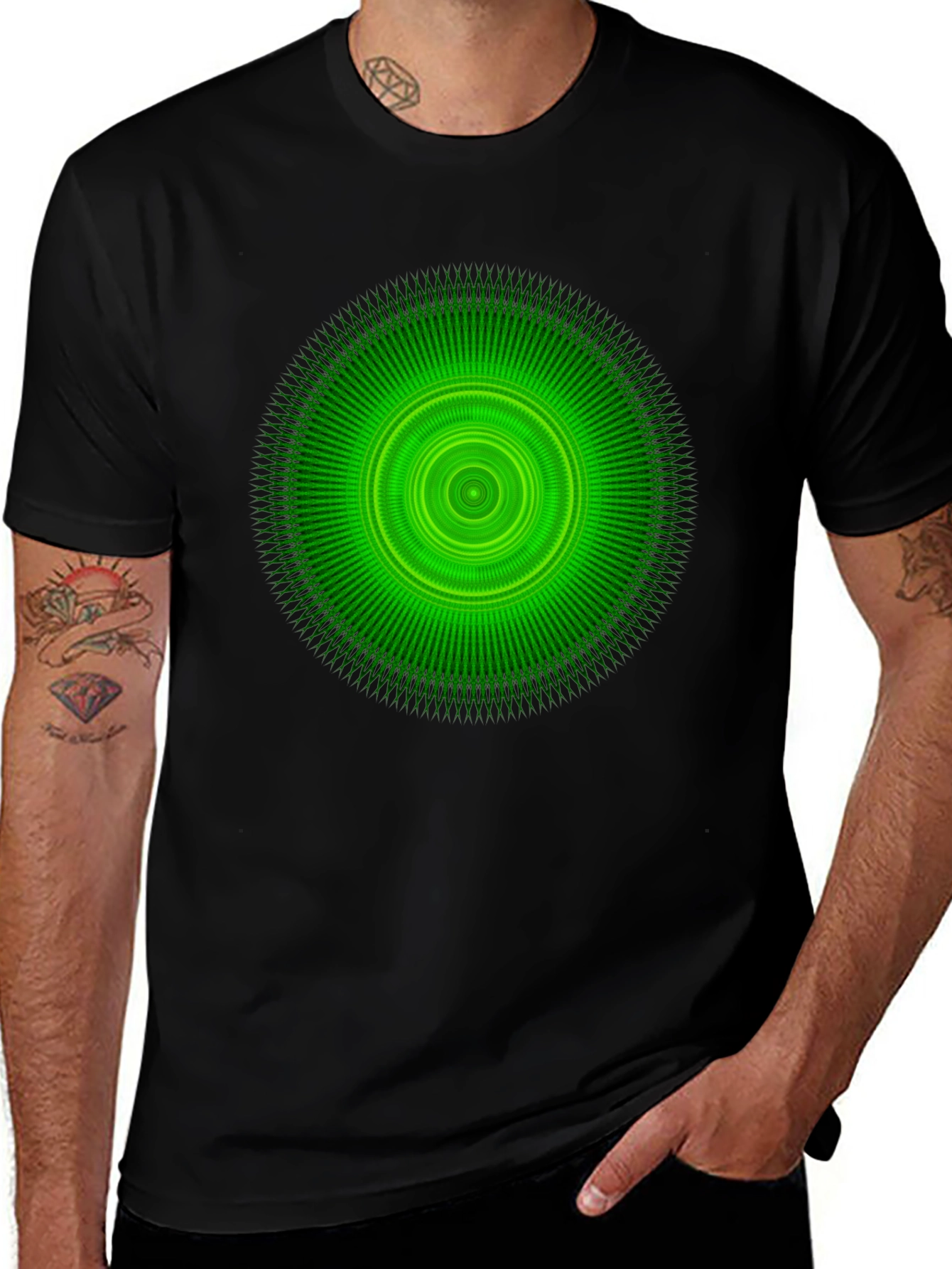 Green Circular Graphic Black T-Shirt