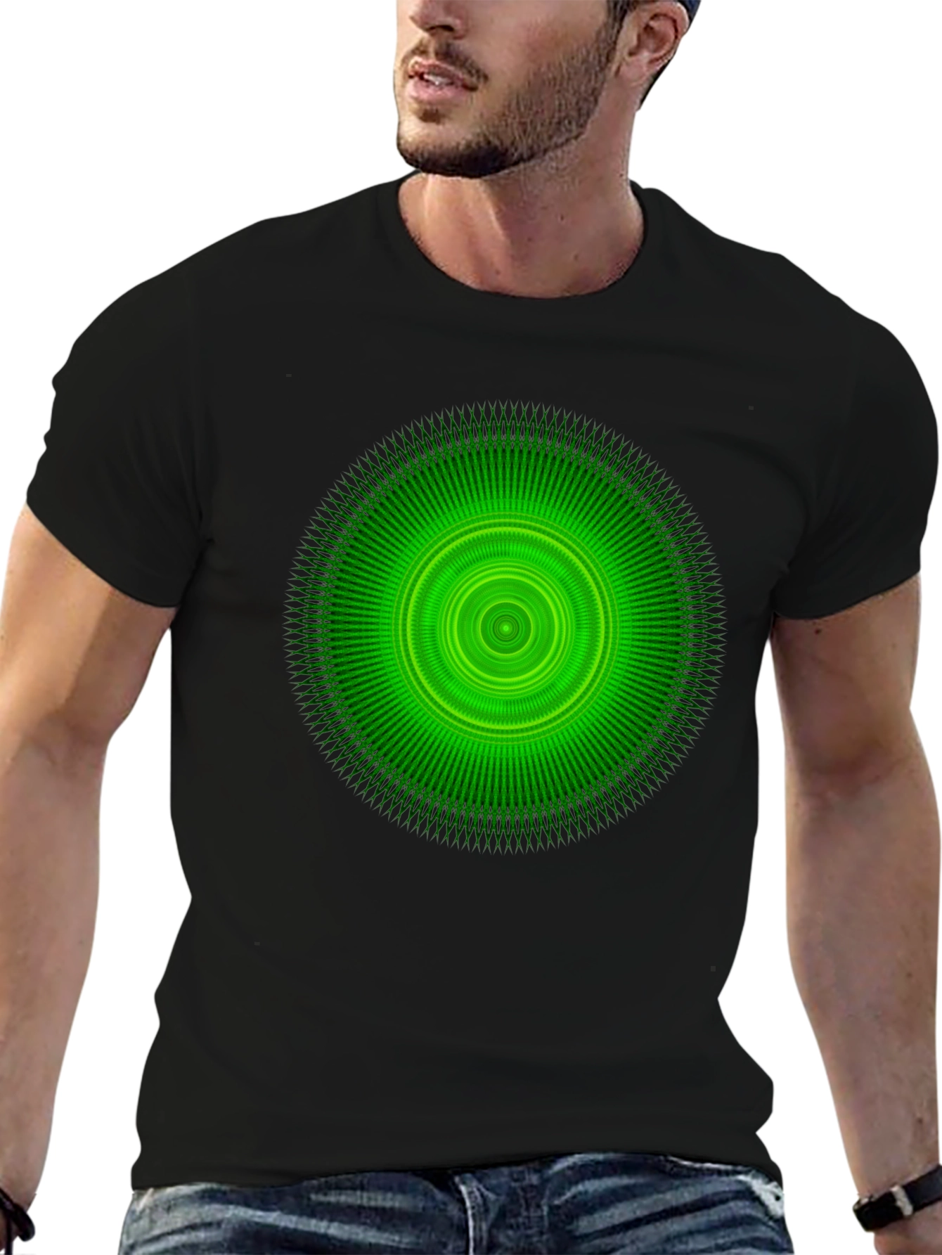 Green Circular Graphic Black T-Shirt