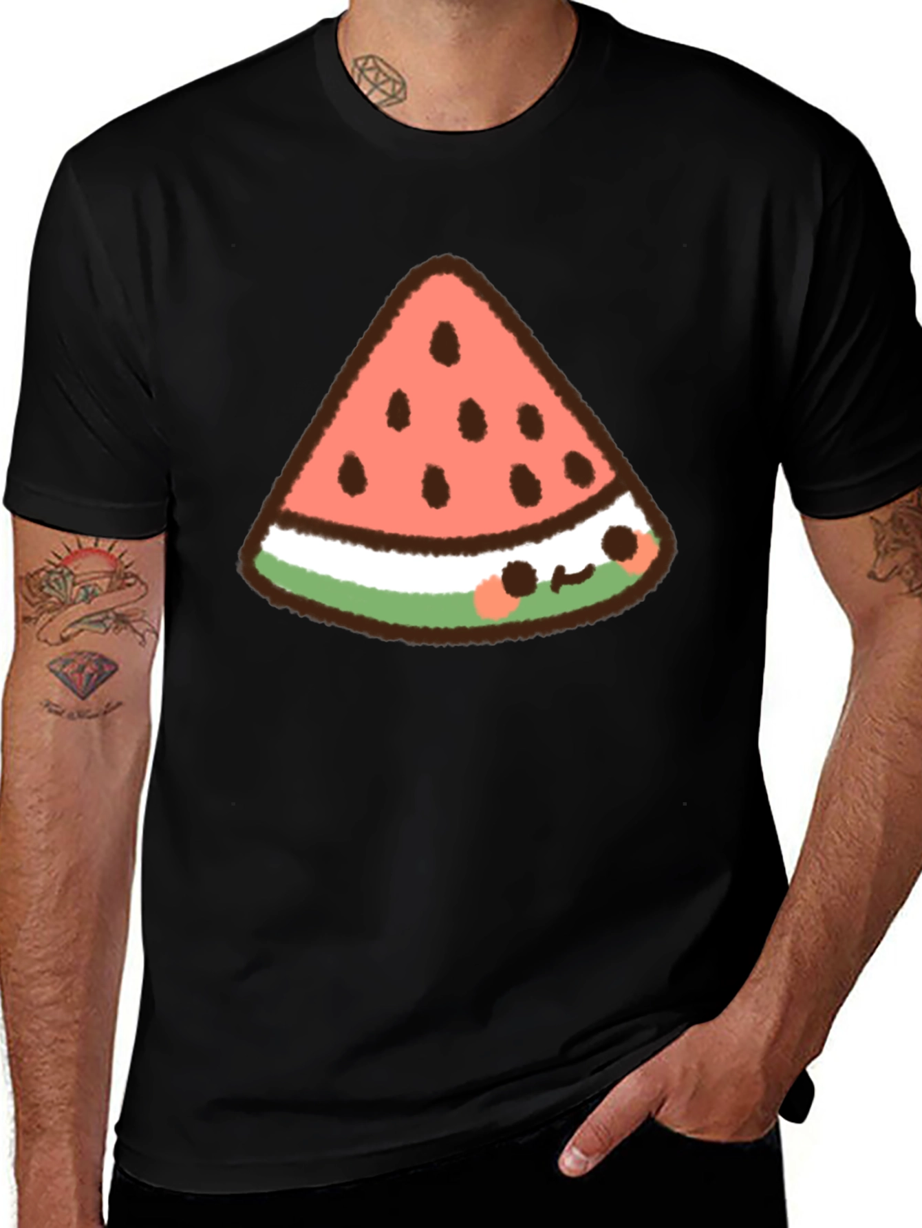 Kawaii Watermelon Slice Graphic Tee - Black Cotton T-Shirt