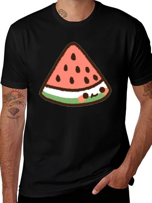 Kawaii Watermelon Slice Graphic Tee - Black Cotton T-Shirt