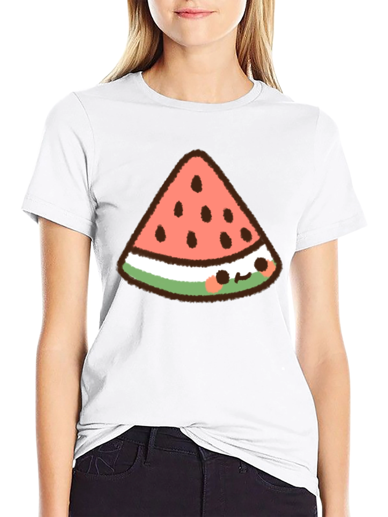 Kawaii Watermelon Slice Graphic Tee - Black Cotton T-Shirt