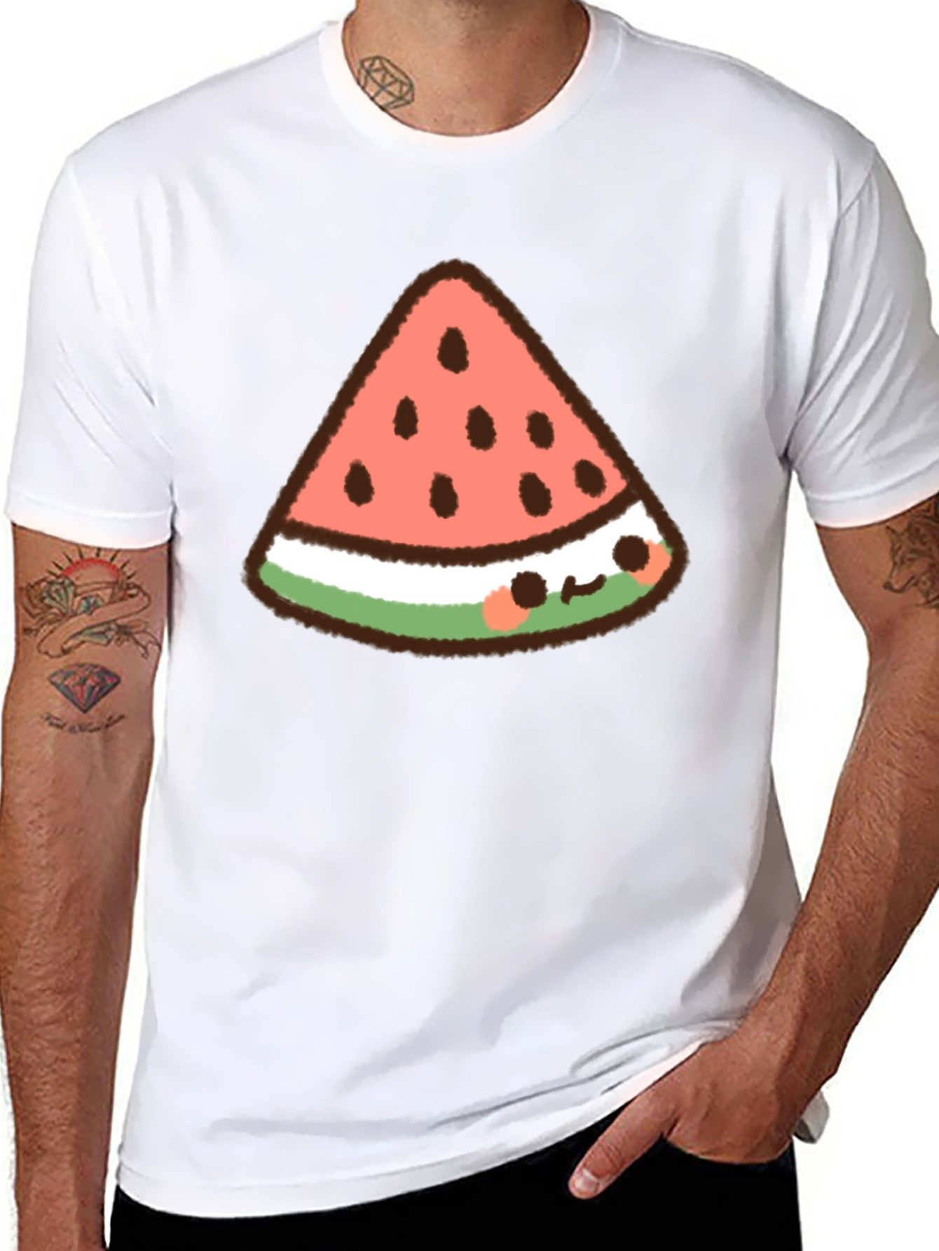 Kawaii Watermelon Slice Graphic Tee - Black Cotton T-Shirt