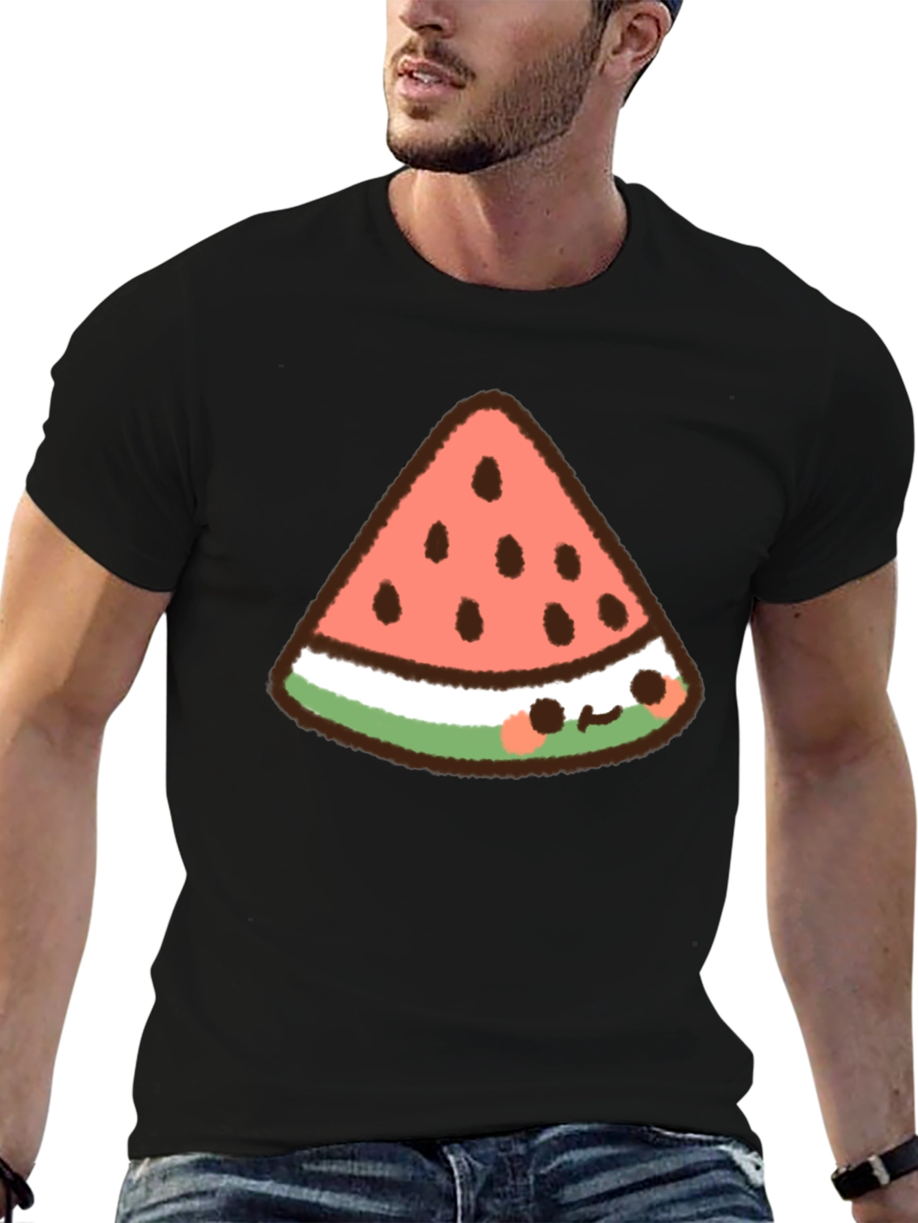 Kawaii Watermelon Slice Graphic Tee - Black Cotton T-Shirt