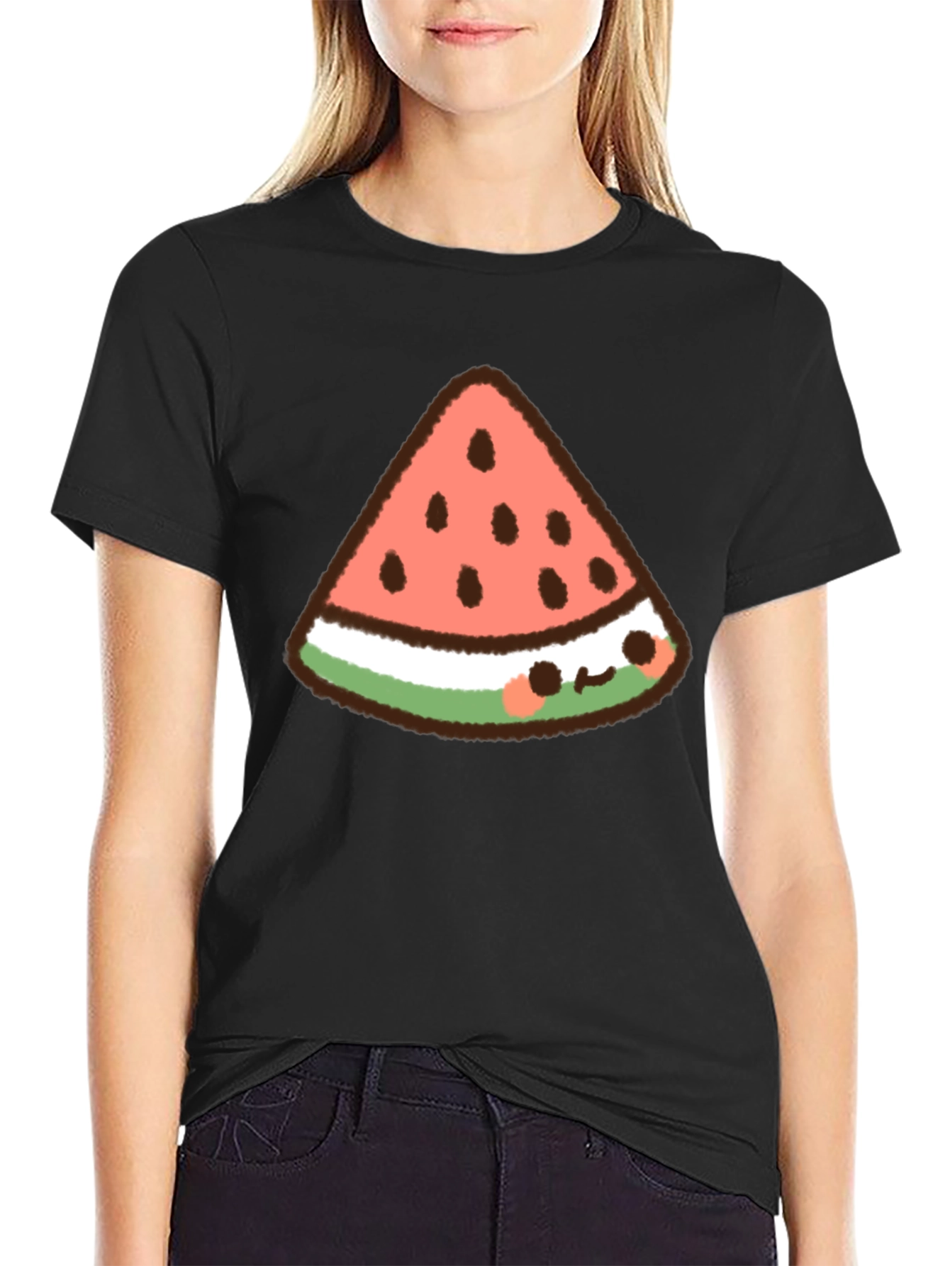 Kawaii Watermelon Slice Graphic Tee - Black Cotton T-Shirt