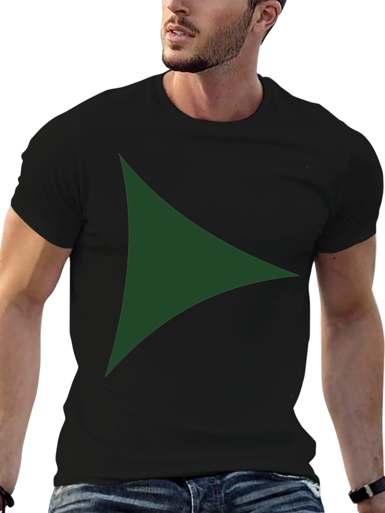 Modern Green Triangle Graphic Black T-Shirt