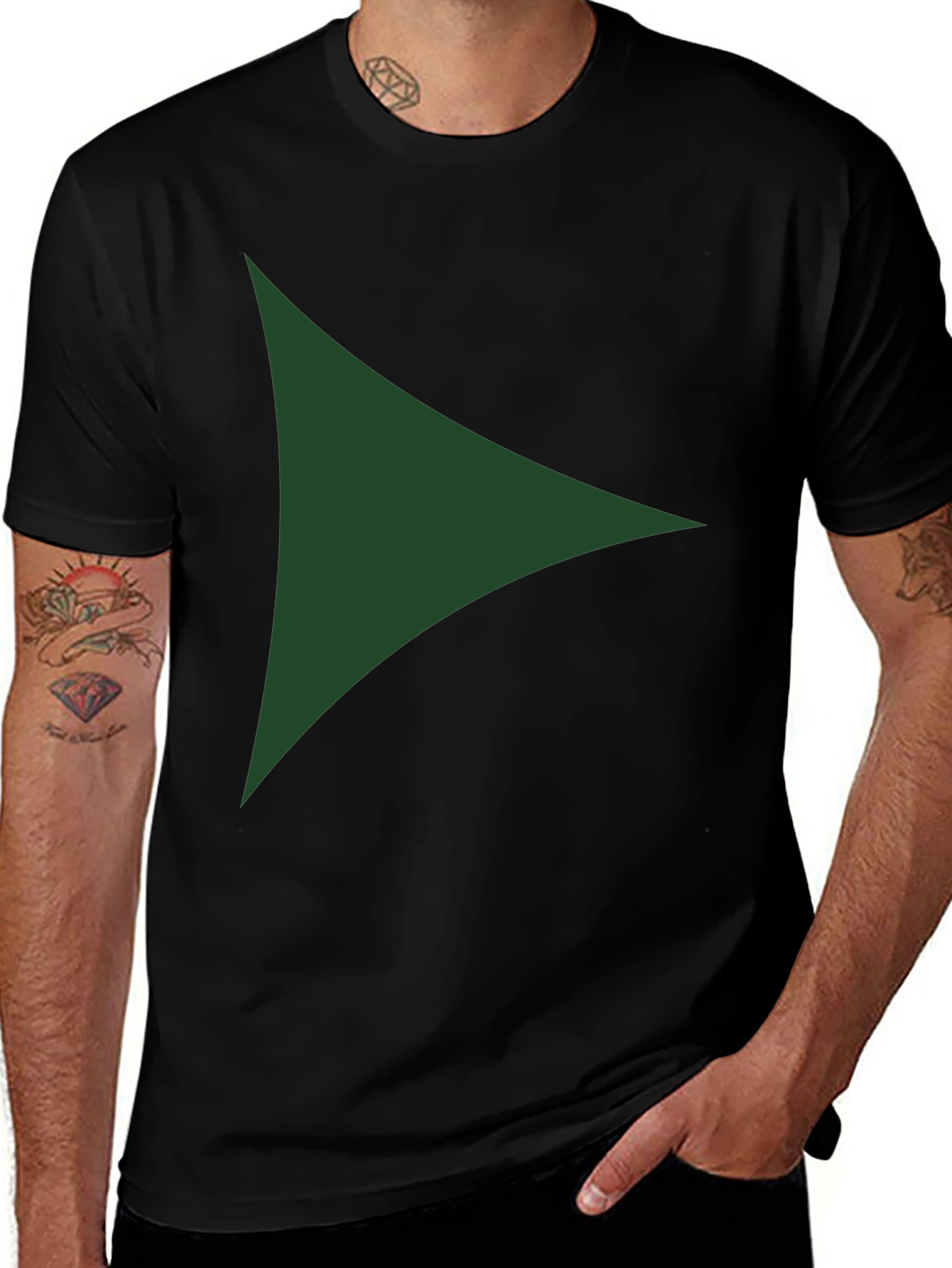 Modern Green Triangle Graphic Black T-Shirt