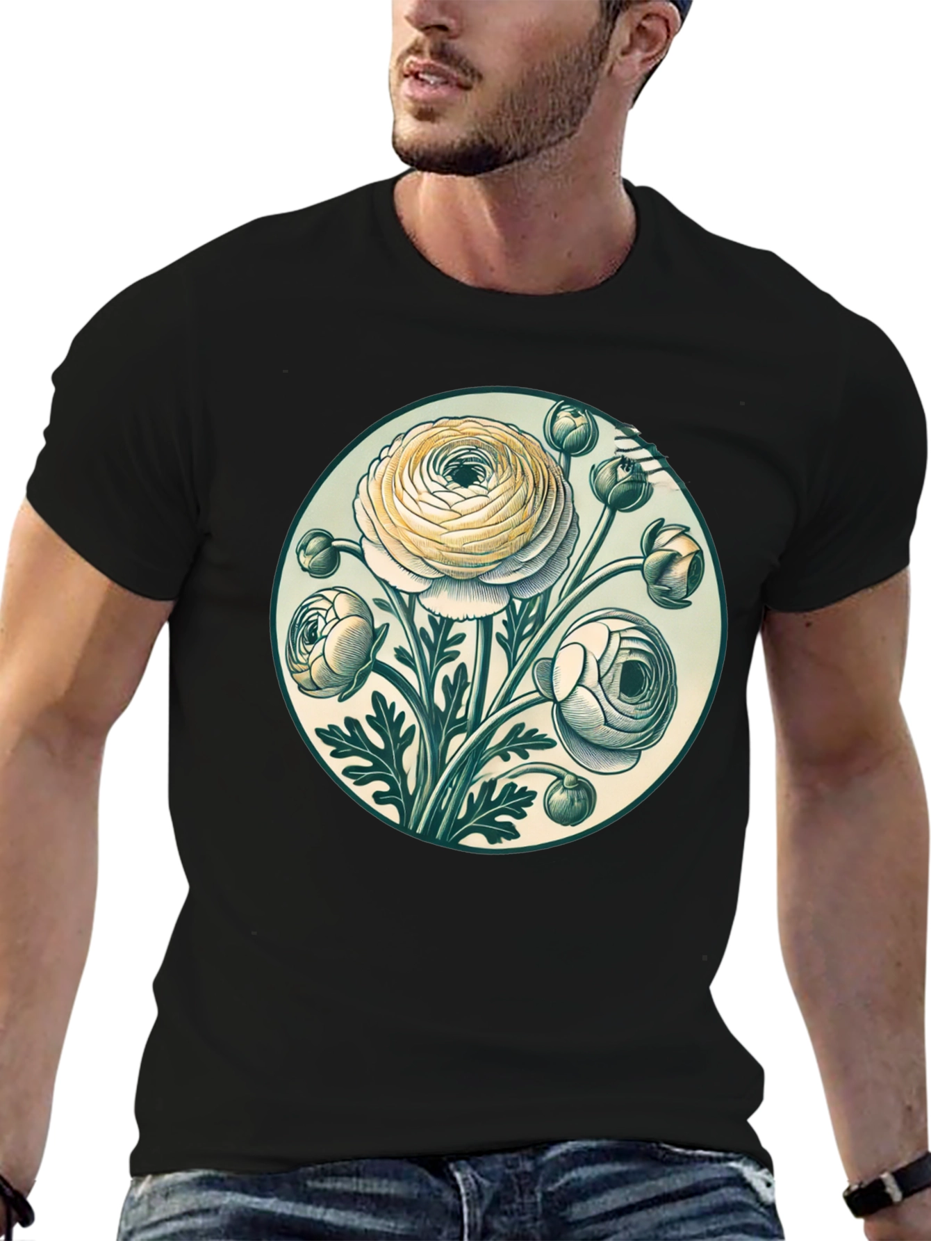 Floral Graphic Tee - Botanical Art Black T-Shirt