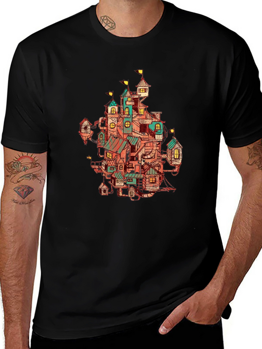 Whimsical Town Print Black T-Shirt