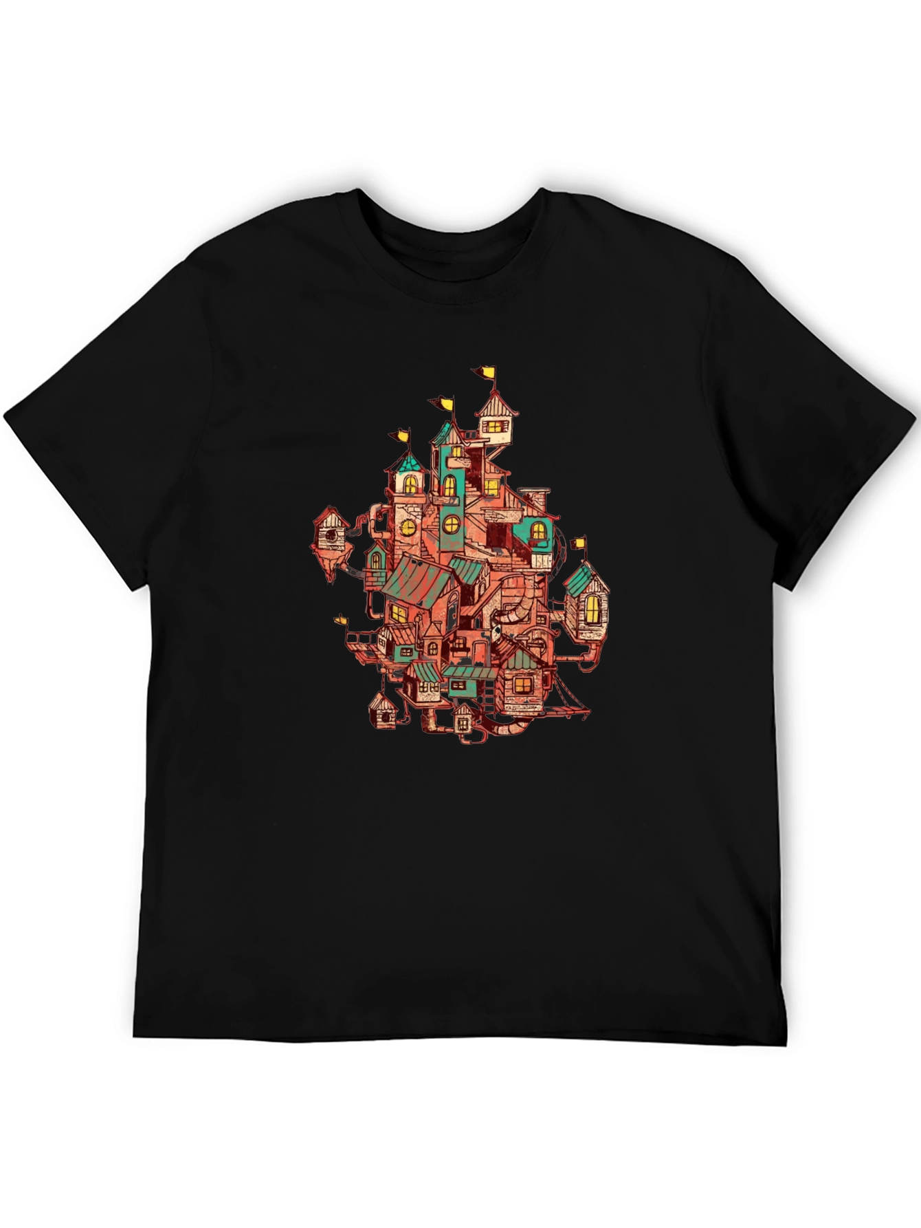 Whimsical Town Print Black T-Shirt