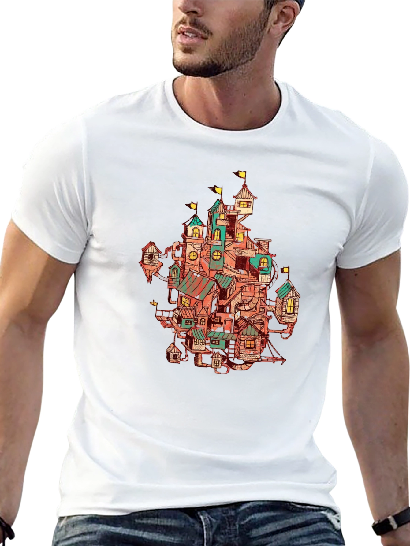 Whimsical Town Print Black T-Shirt