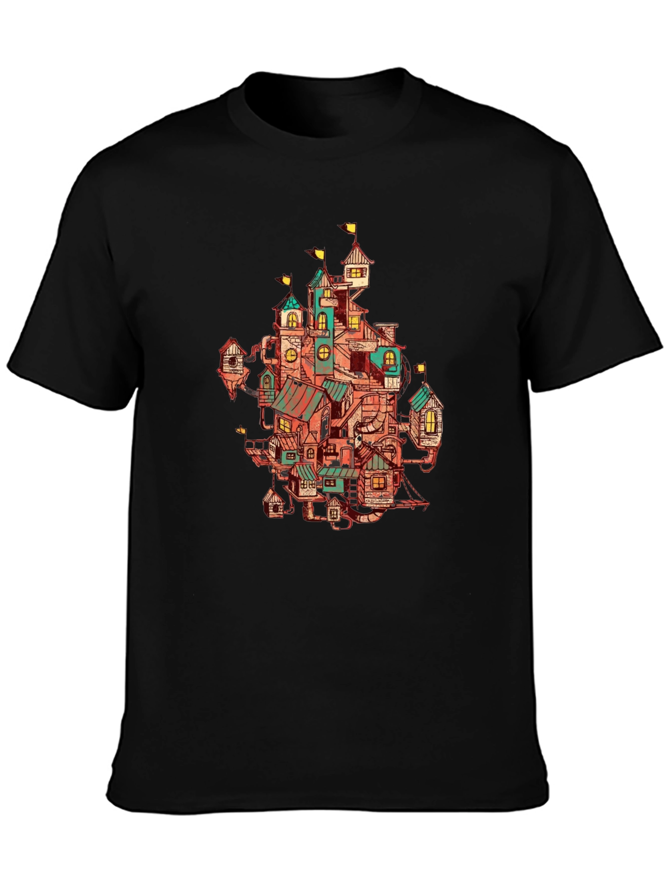 Whimsical Town Print Black T-Shirt