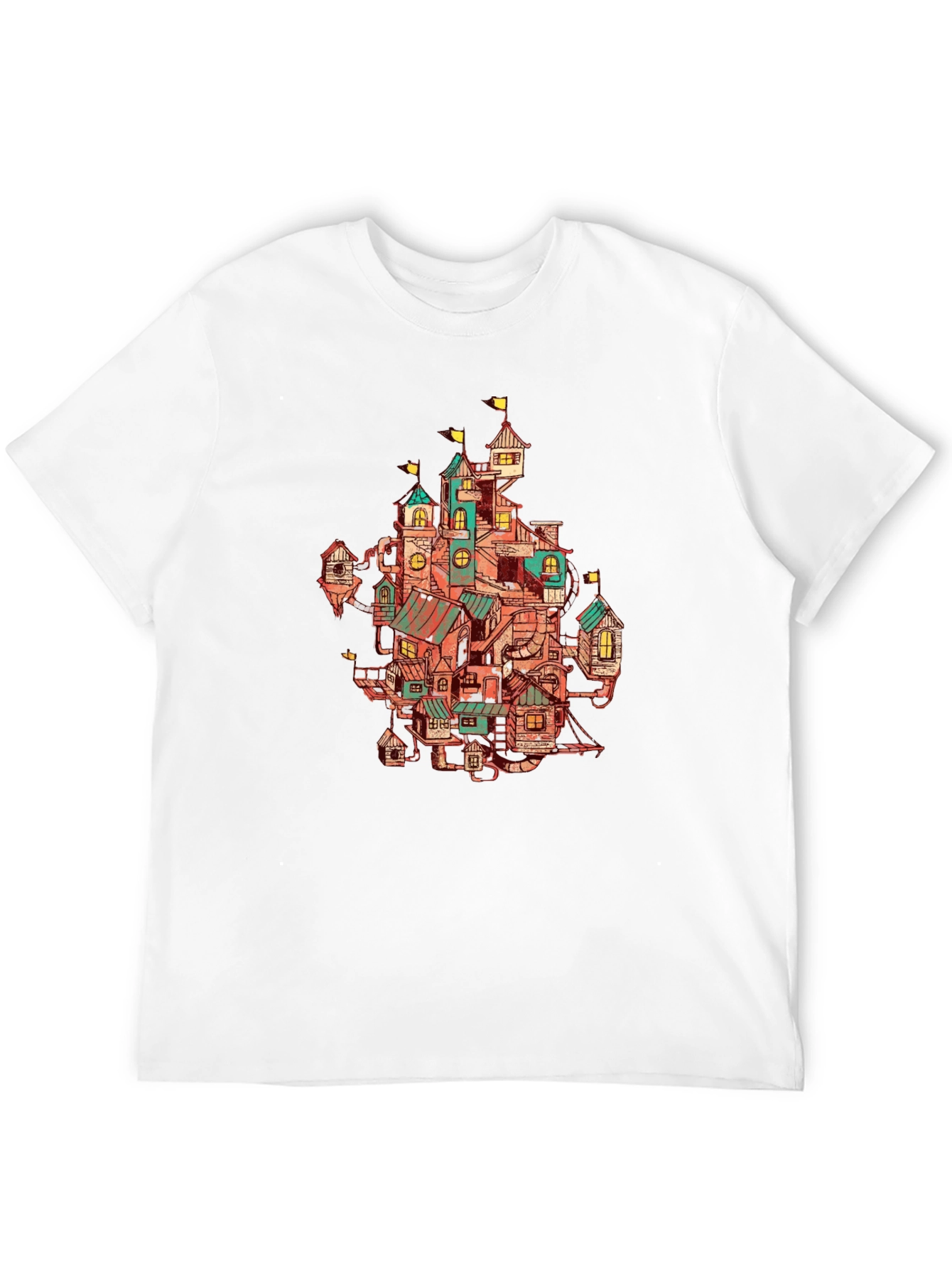 Whimsical Town Print Black T-Shirt