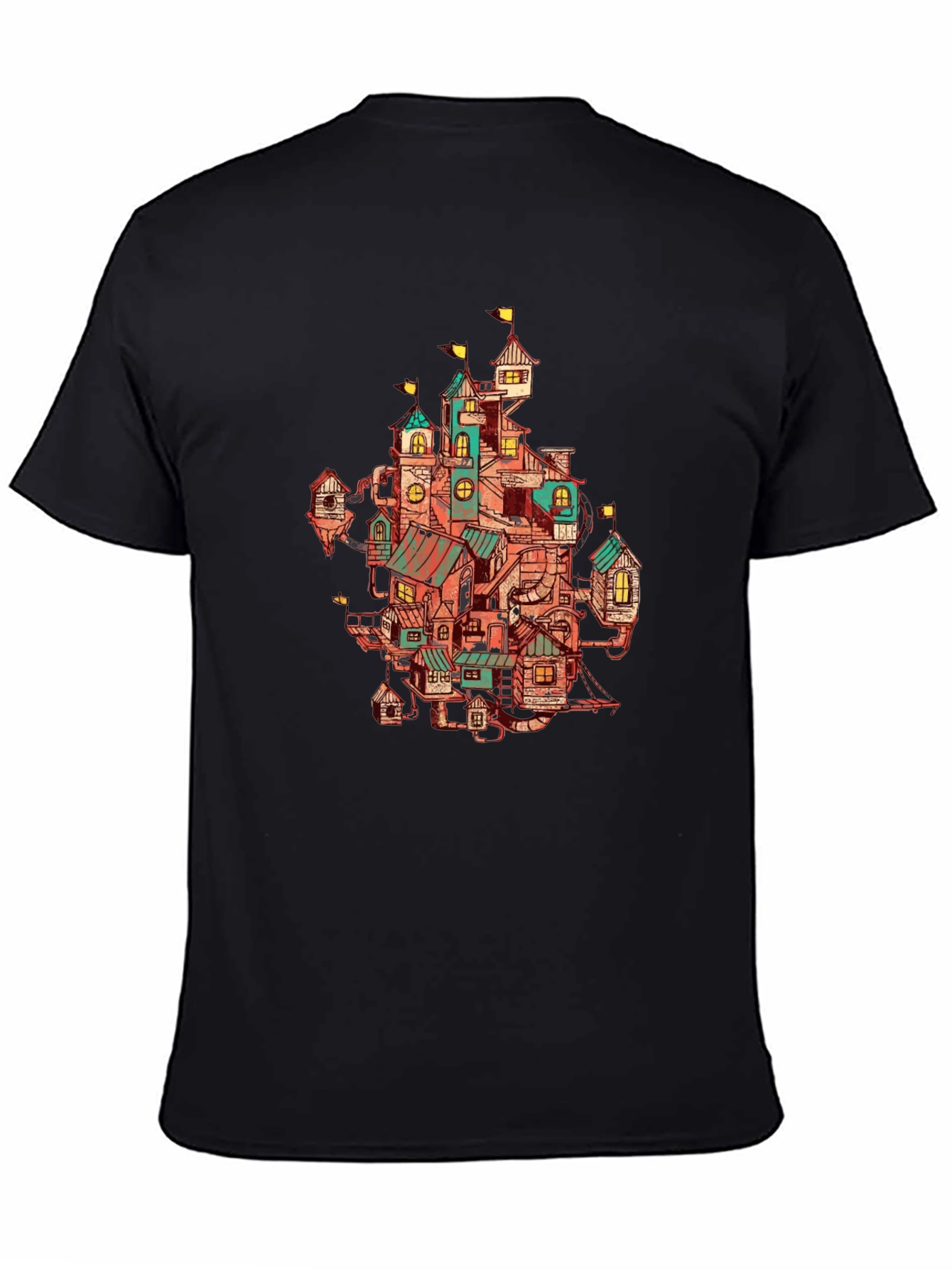 Whimsical Town Print Black T-Shirt