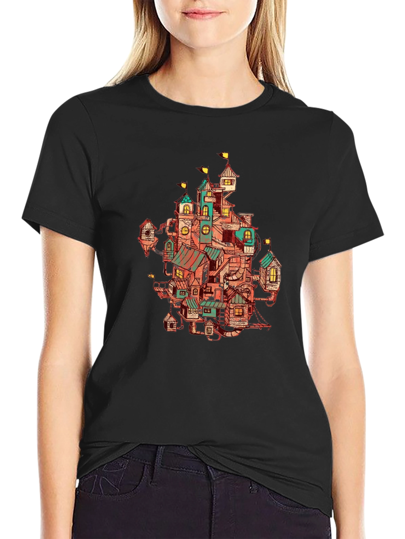 Whimsical Town Print Black T-Shirt