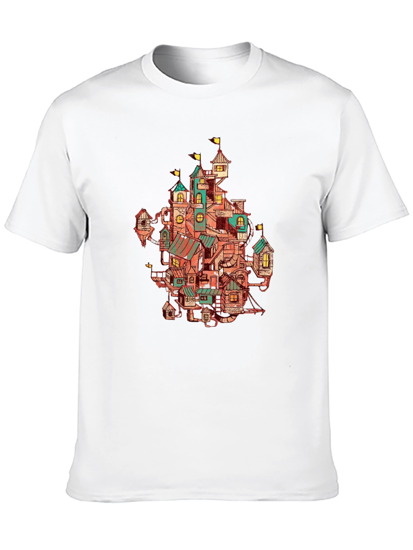Whimsical Town Print Black T-Shirt