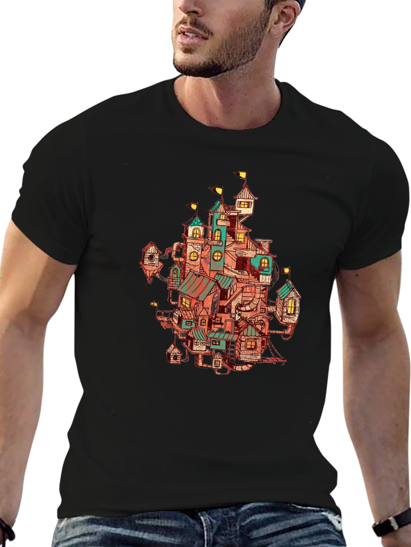 Whimsical Town Print Black T-Shirt