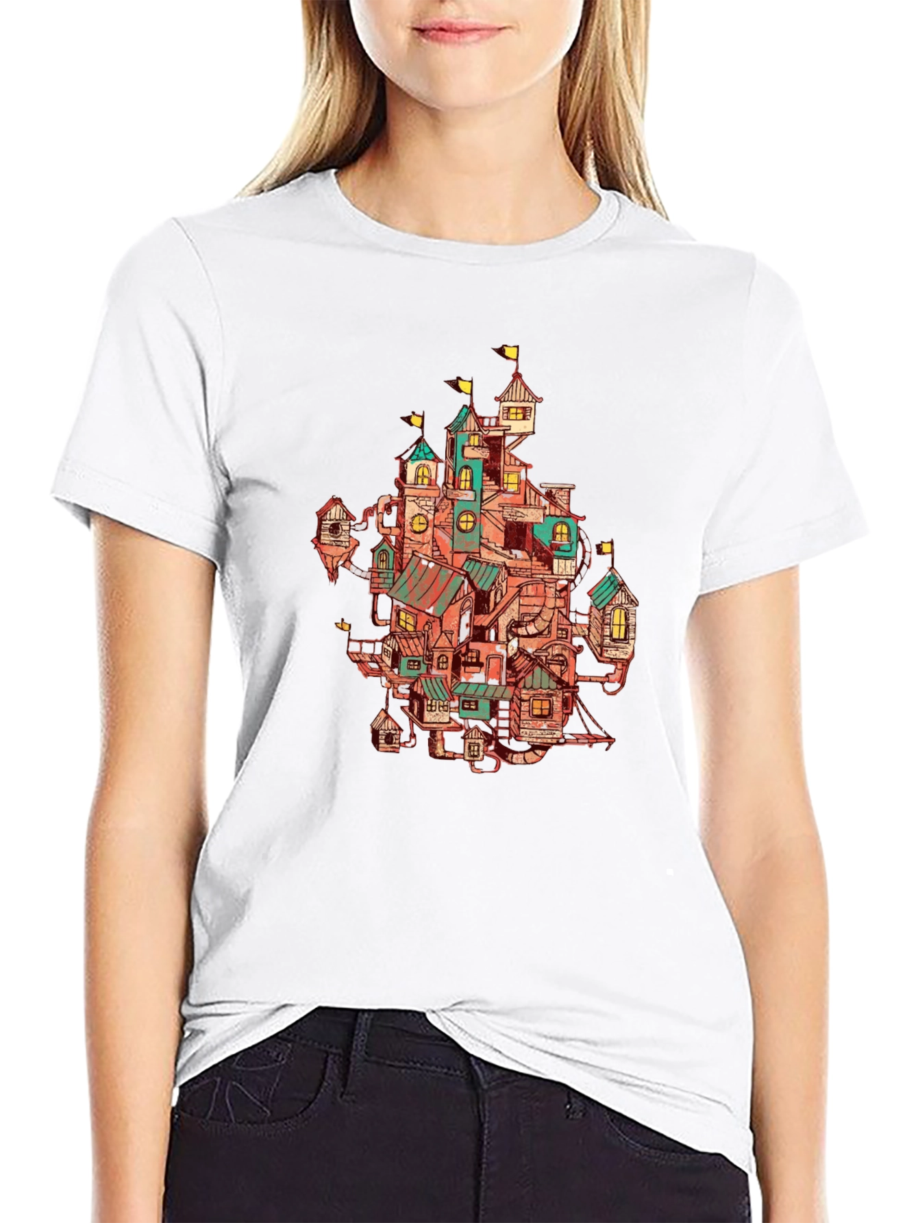 Whimsical Town Print Black T-Shirt