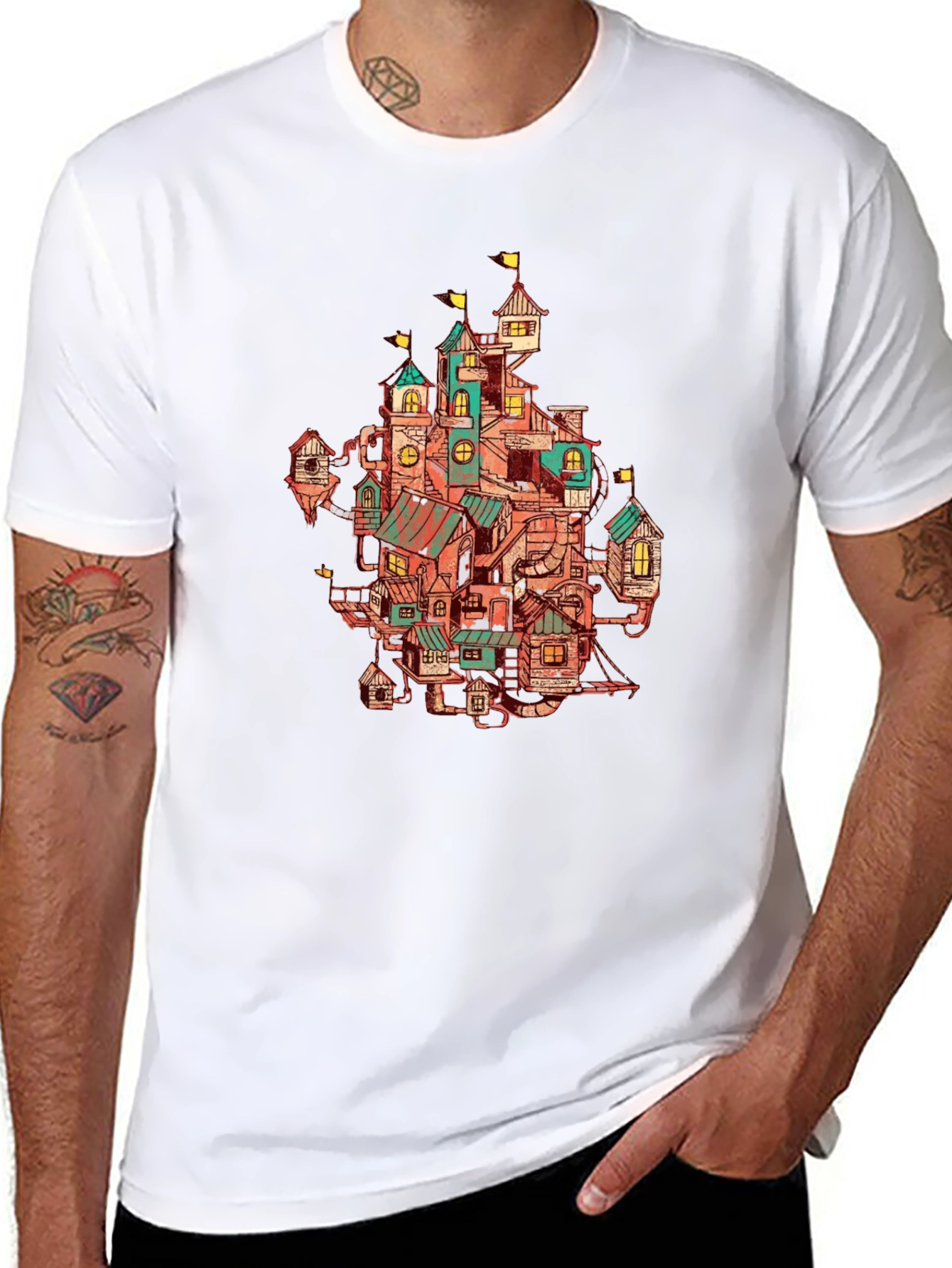 Whimsical Town Print Black T-Shirt