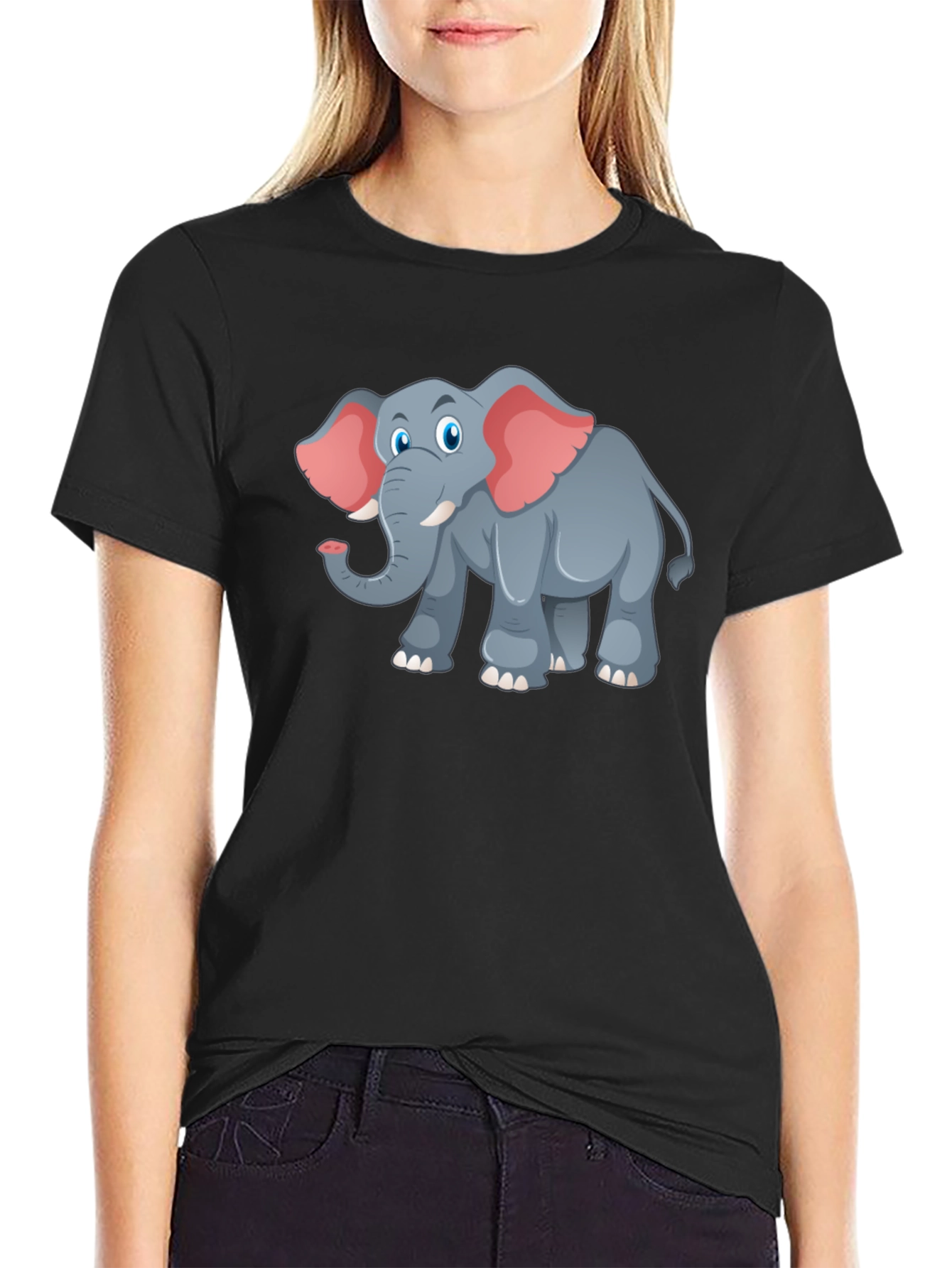 Elephant Cartoon Graphic Tee - Black T-Shirt