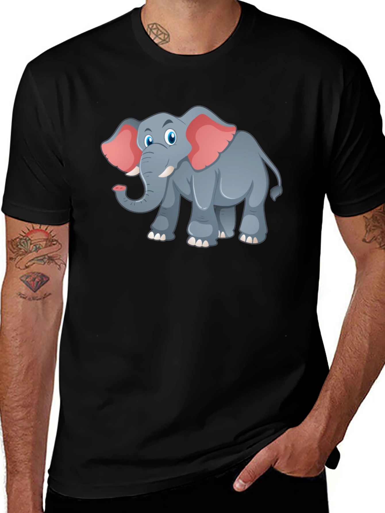 Elephant Cartoon Graphic Tee - Black T-Shirt
