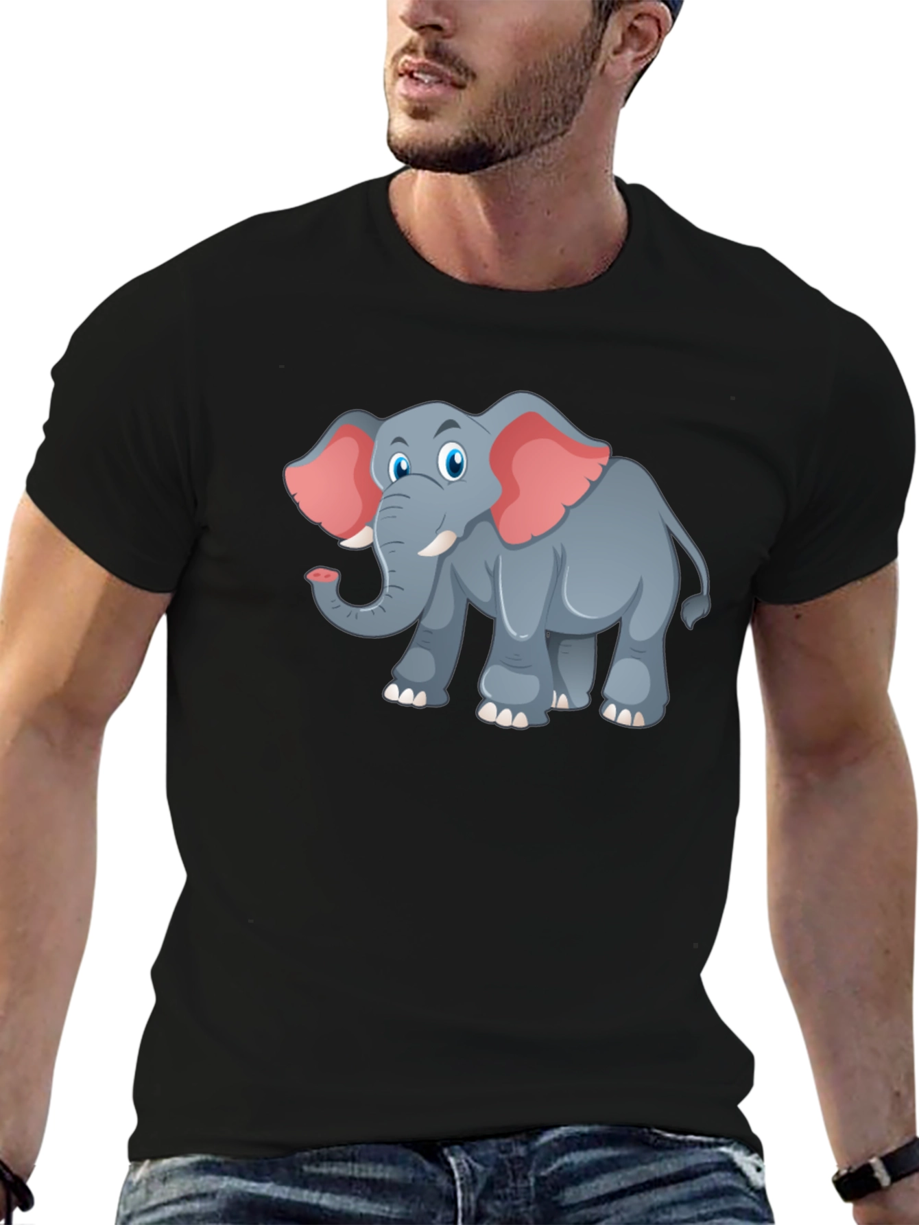 Elephant Cartoon Graphic Tee - Black T-Shirt