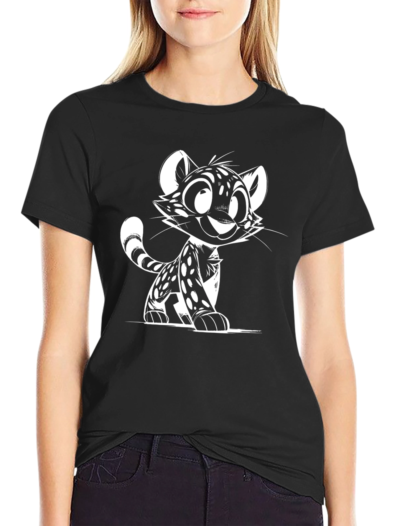 Cartoon Cat Graphic Tee - Black Unisex T-Shirt