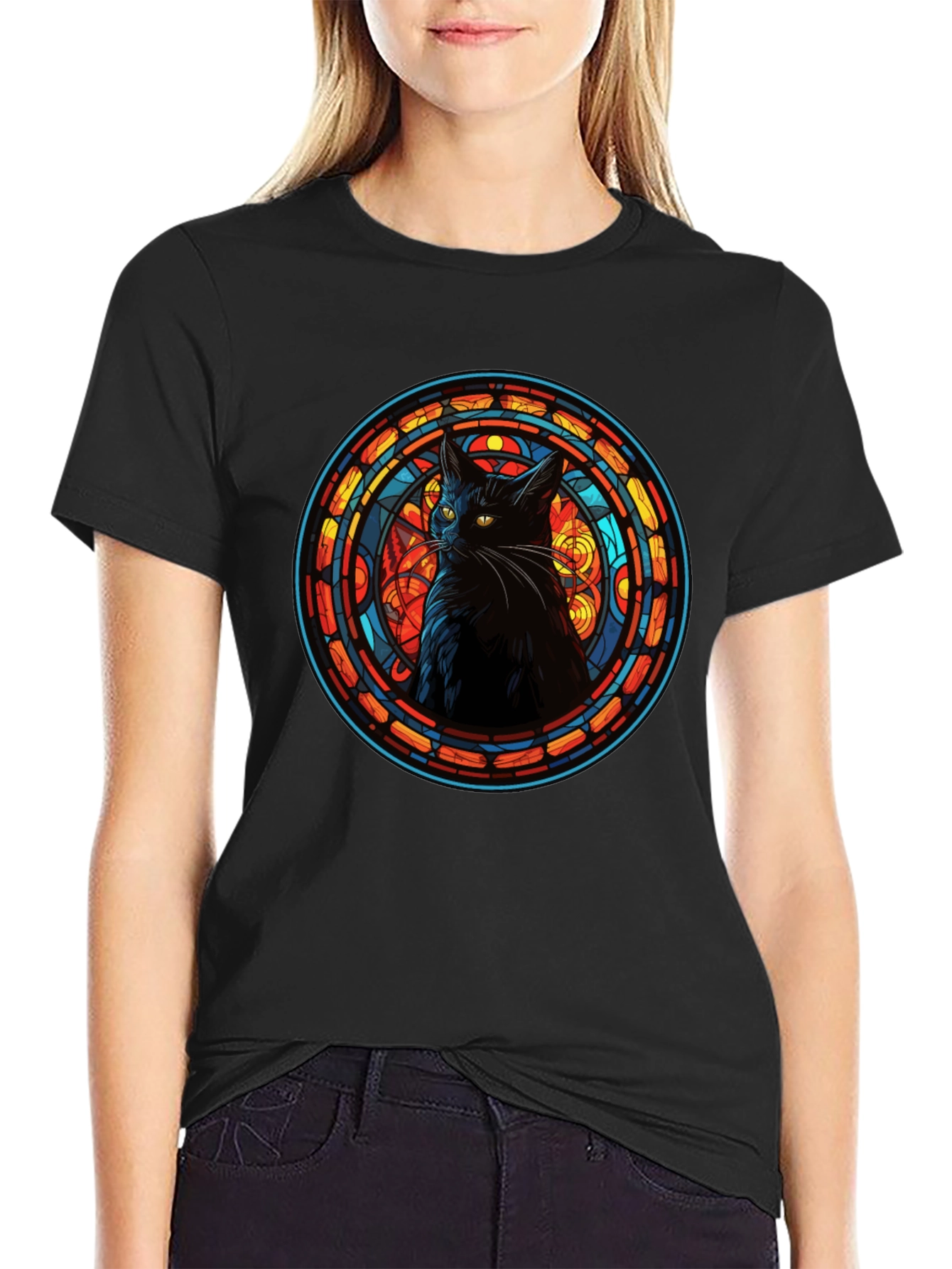 Stained Glass Cat Black T-Shirt