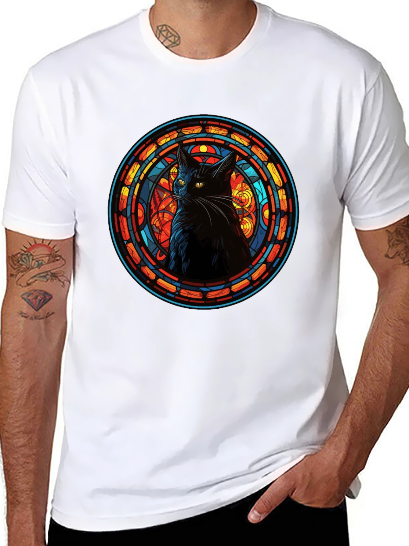 Stained Glass Cat Black T-Shirt