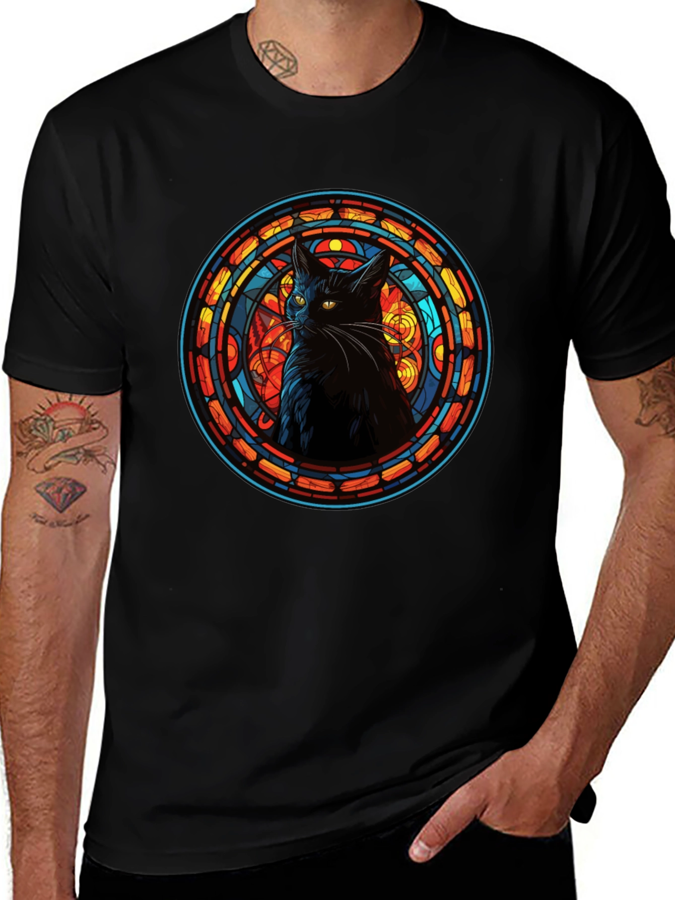 Stained Glass Cat Black T-Shirt