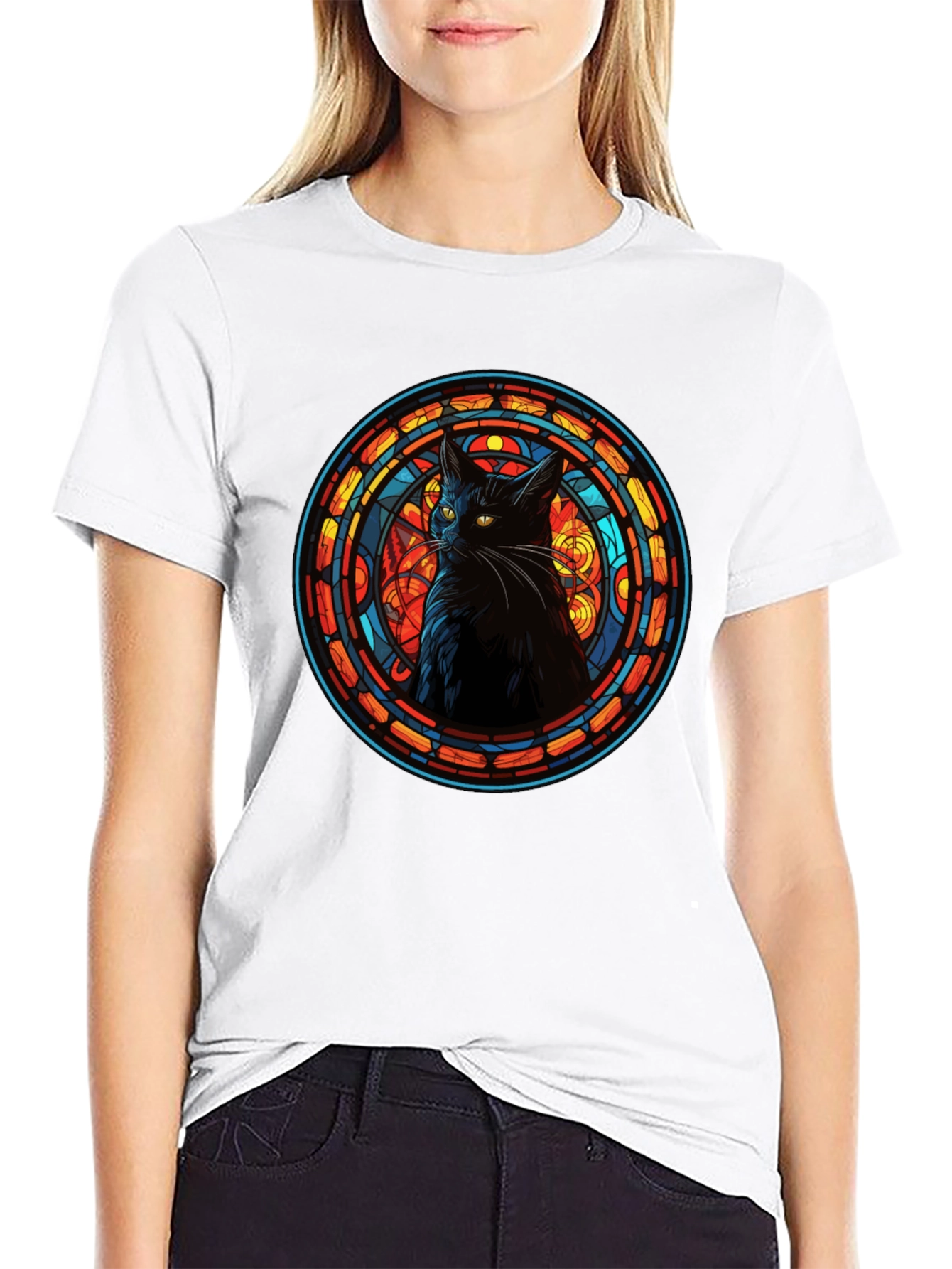 Stained Glass Cat Black T-Shirt