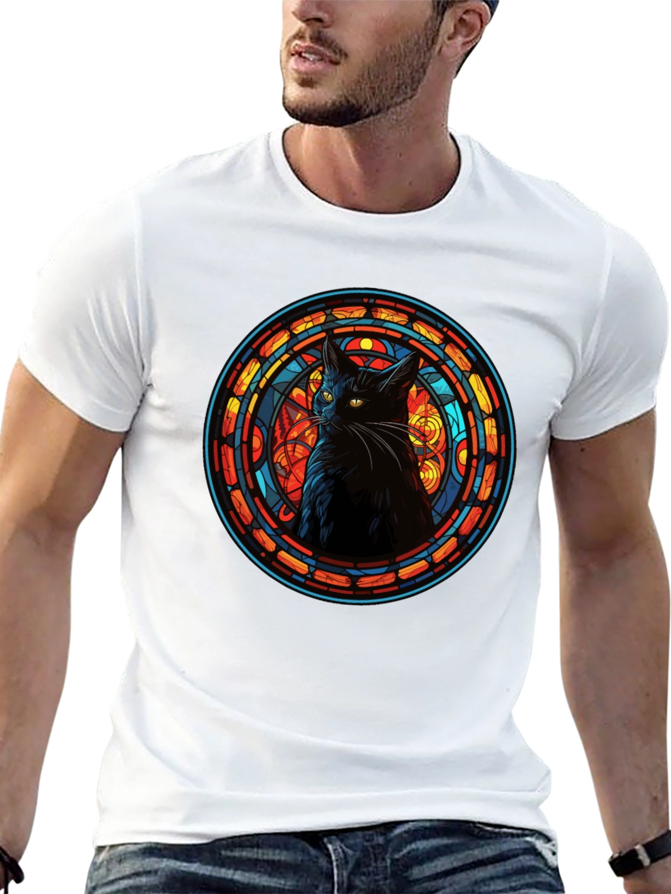 Stained Glass Cat Black T-Shirt