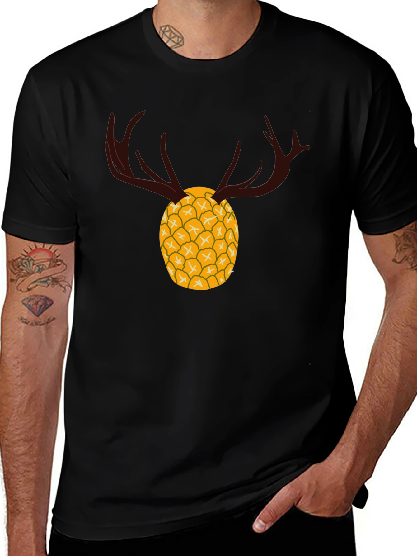 Pineapple Deer Graphic Tee - Unique Black T-Shirt