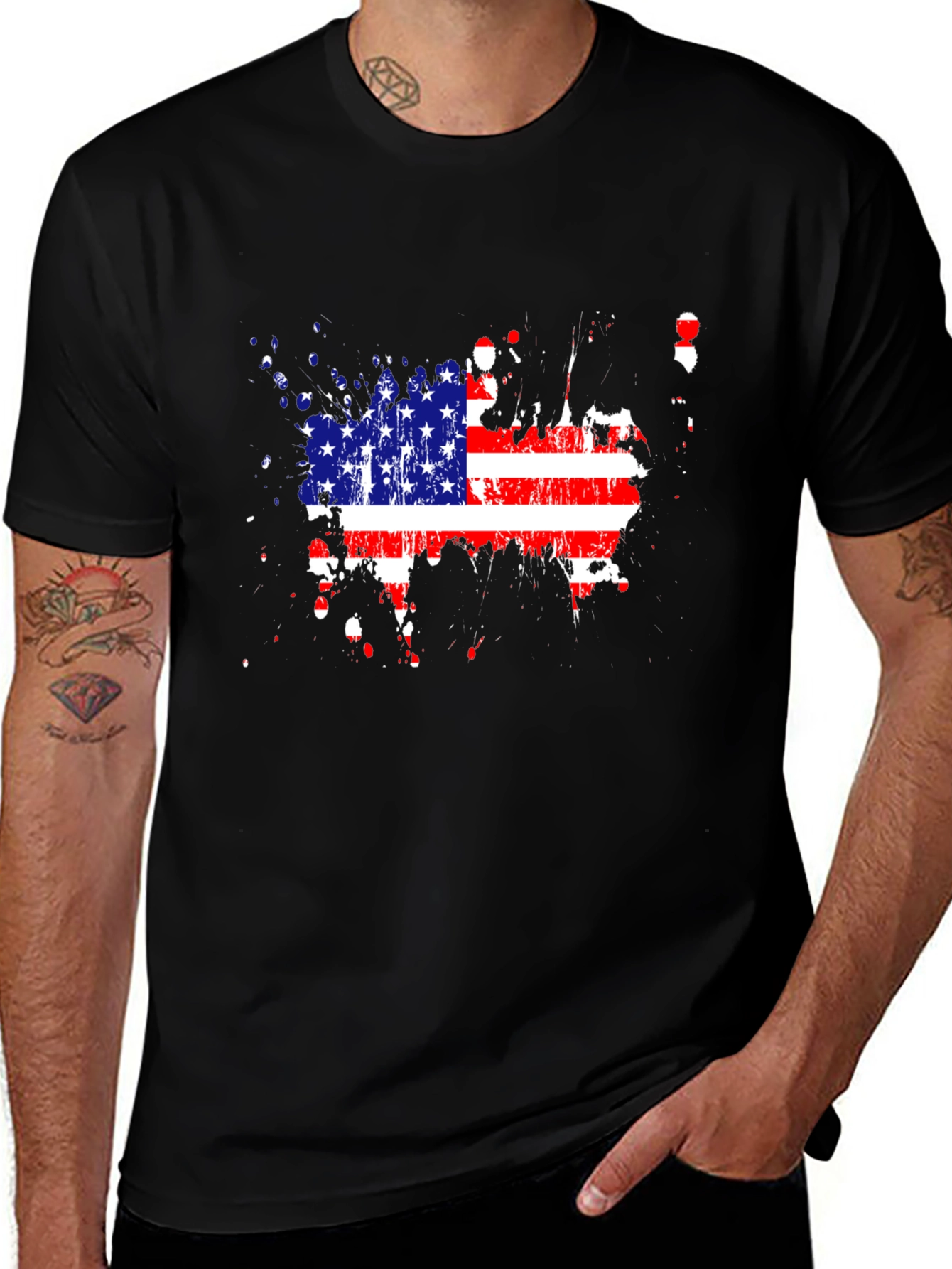 USA Flag Splatter Print Black T-Shirt