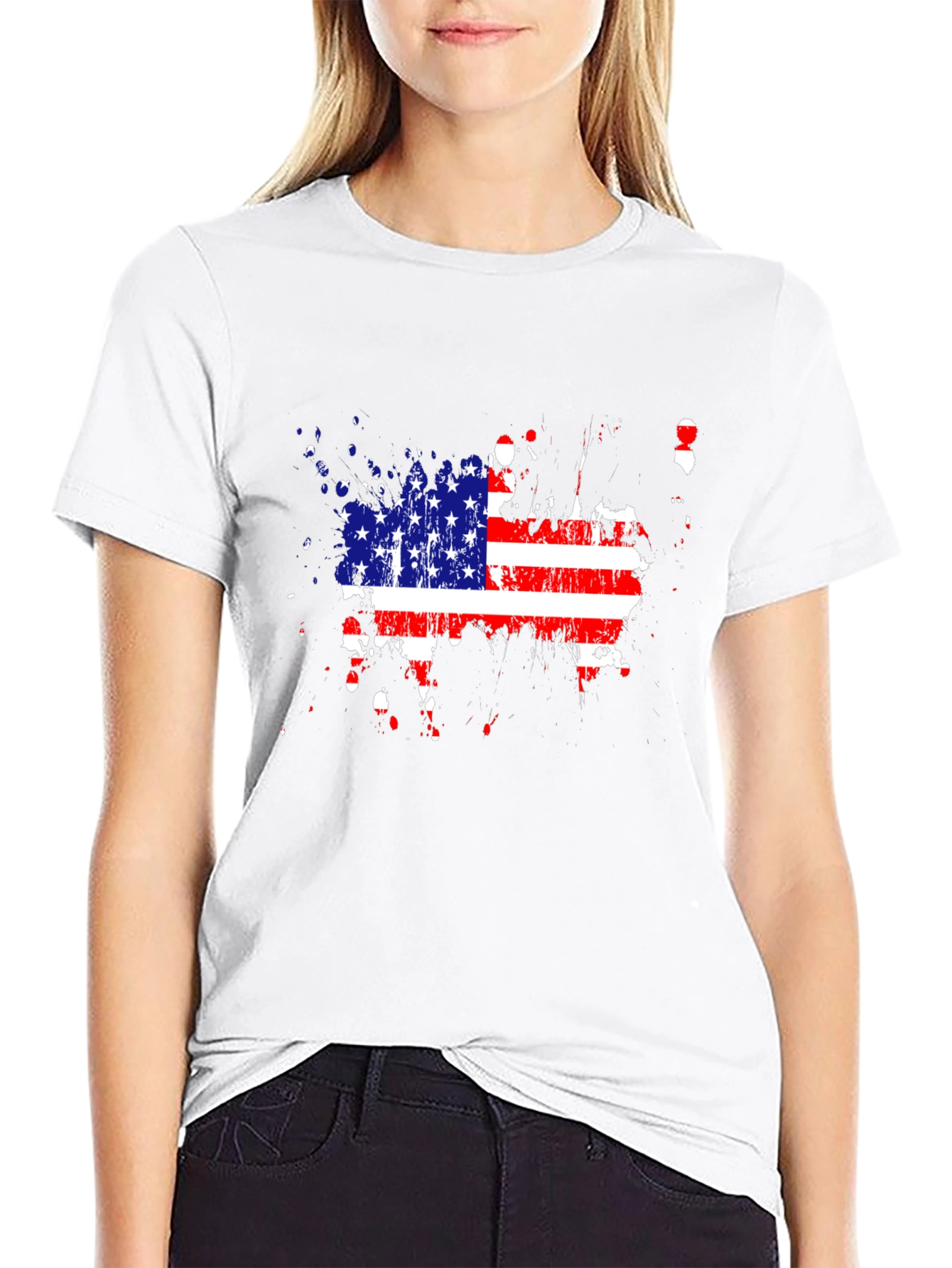 USA Flag Splatter Print Black T-Shirt