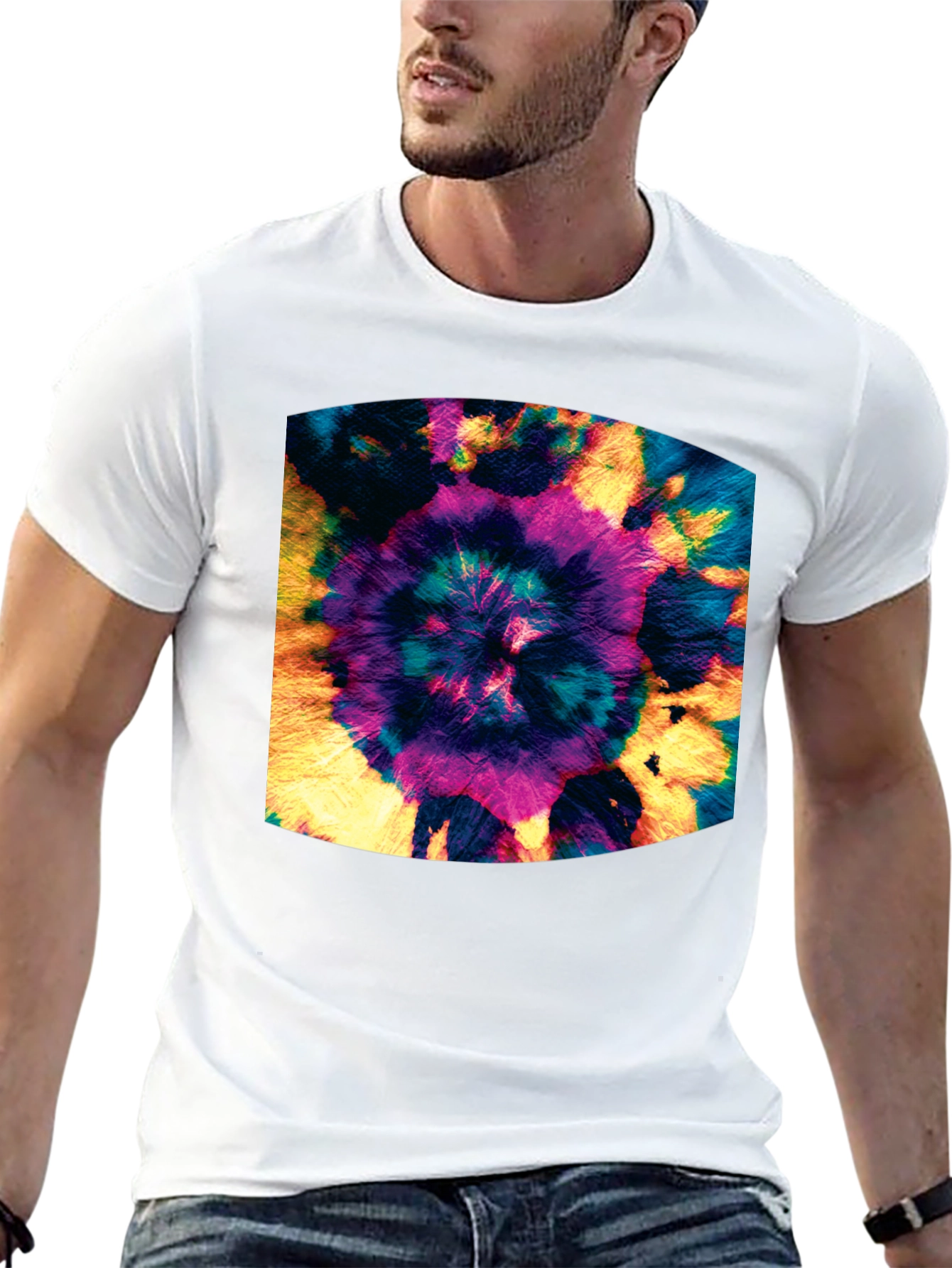 Vibrant Tie-Dye Spiral Graphic Black T-Shirt