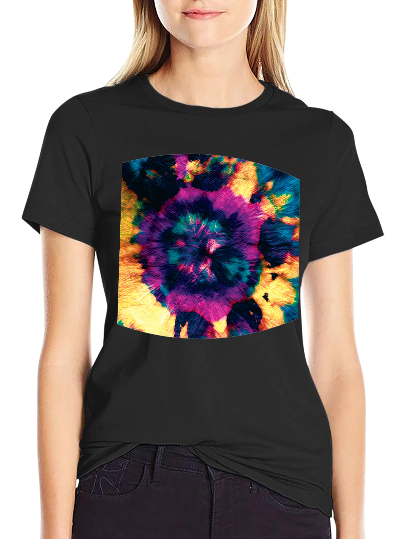 Vibrant Tie-Dye Spiral Graphic Black T-Shirt