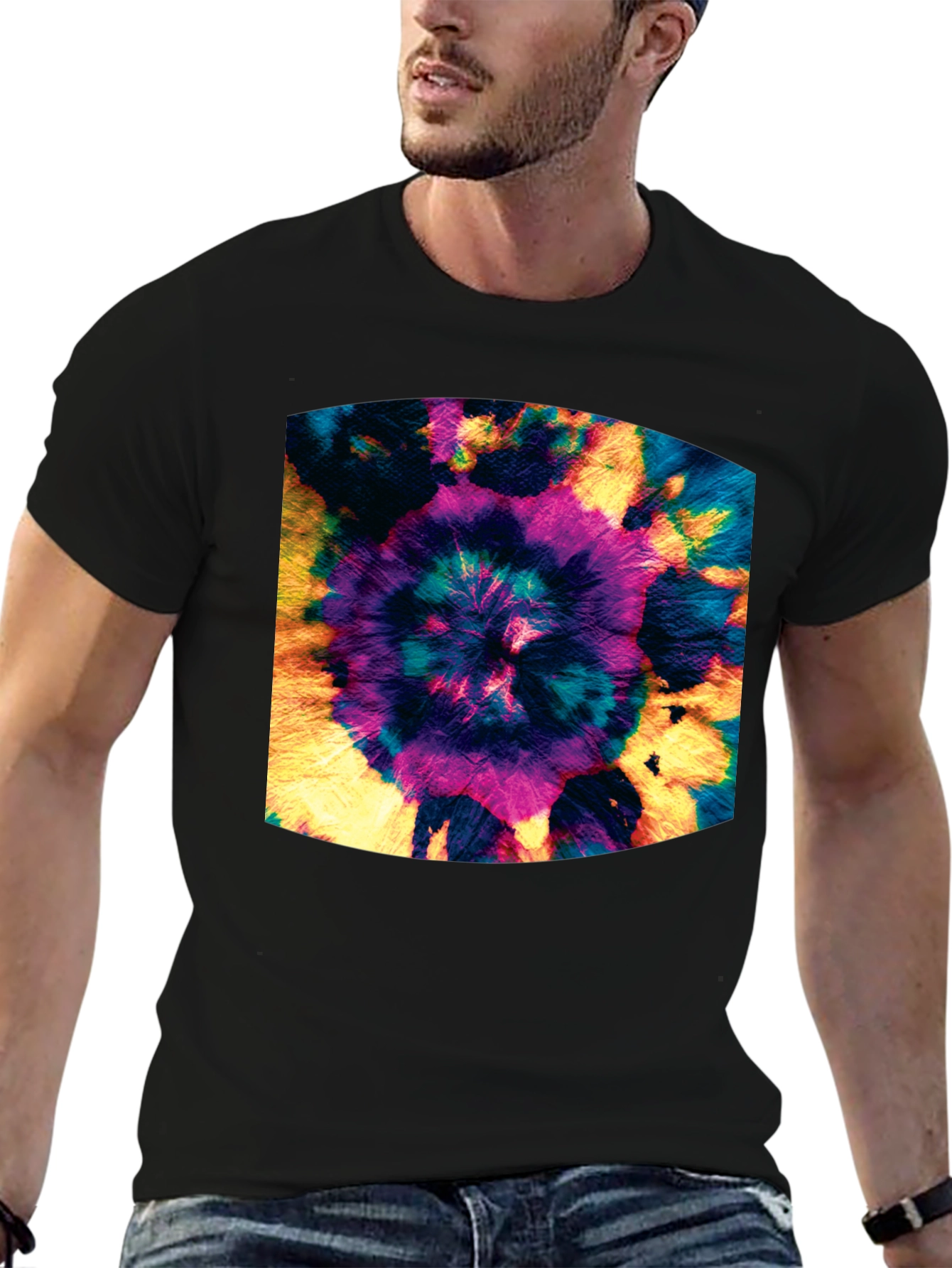 Vibrant Tie-Dye Spiral Graphic Black T-Shirt