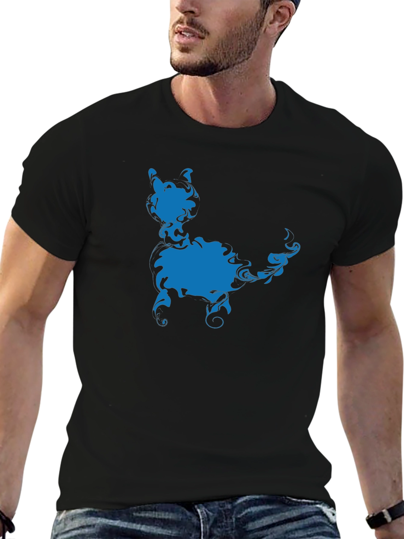 Blue Cat Silhouette Black T-Shirt