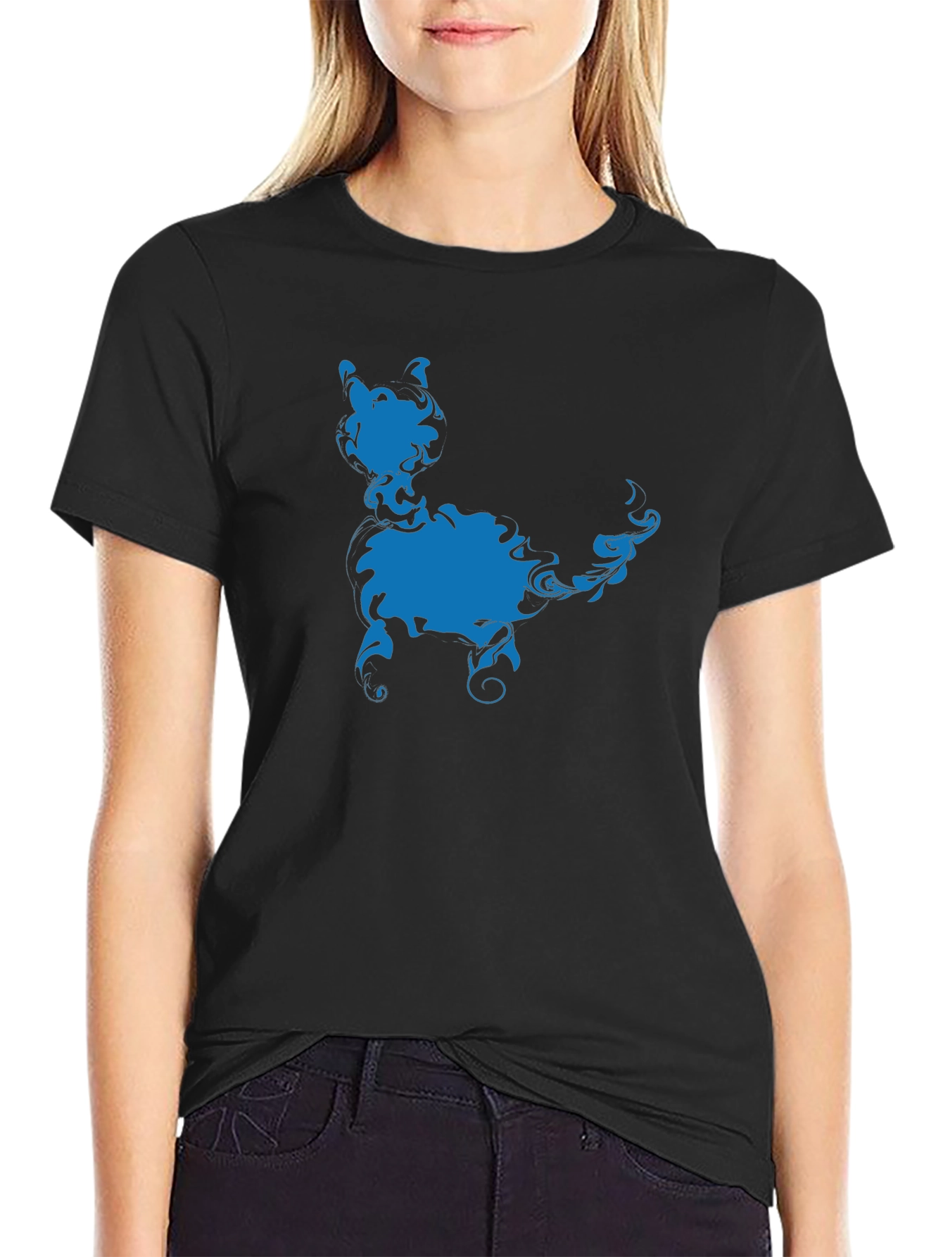 Blue Cat Silhouette Black T-Shirt