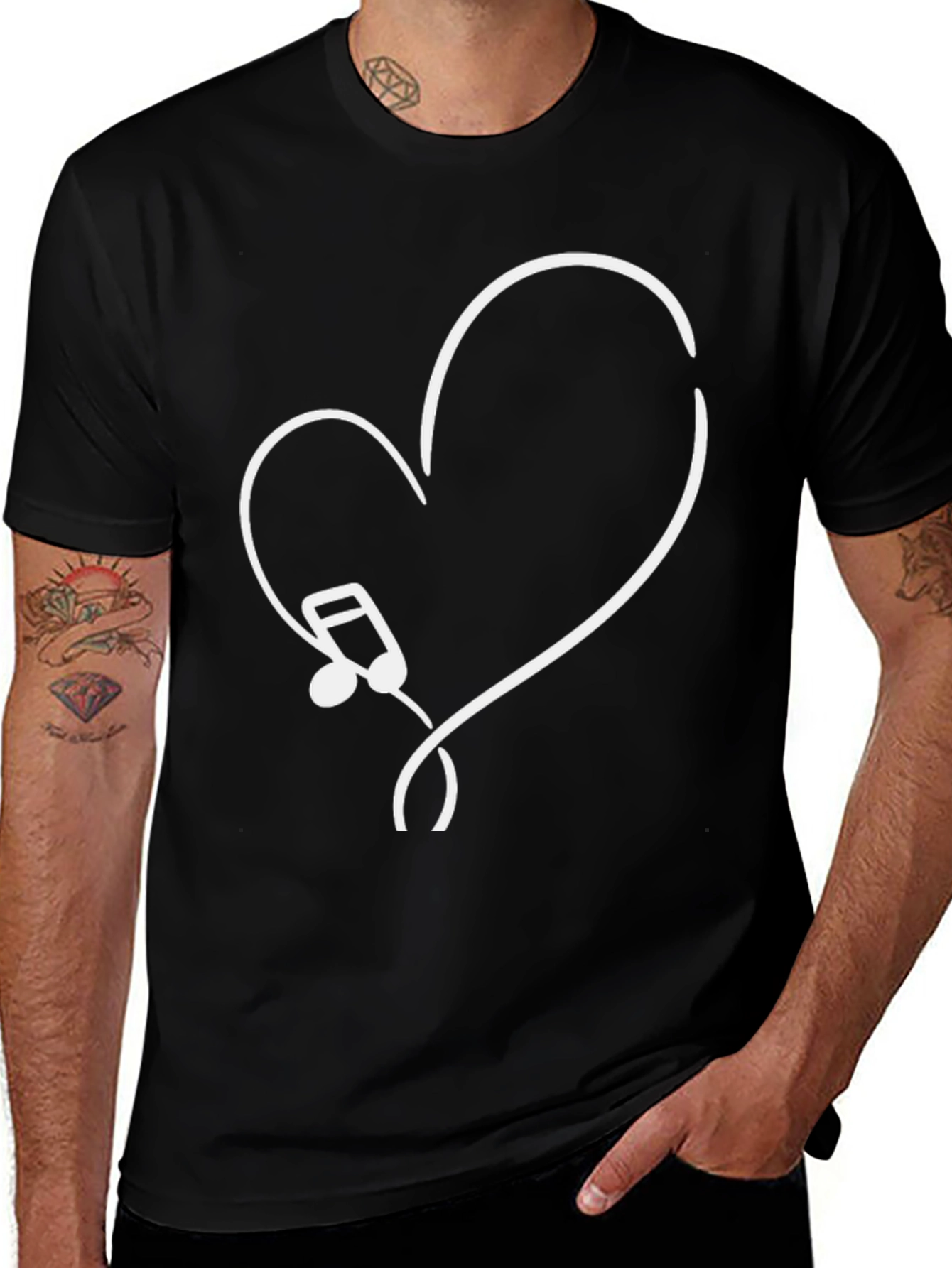 Music Note Heart Graphic Tee - Black Cotton T-Shirt