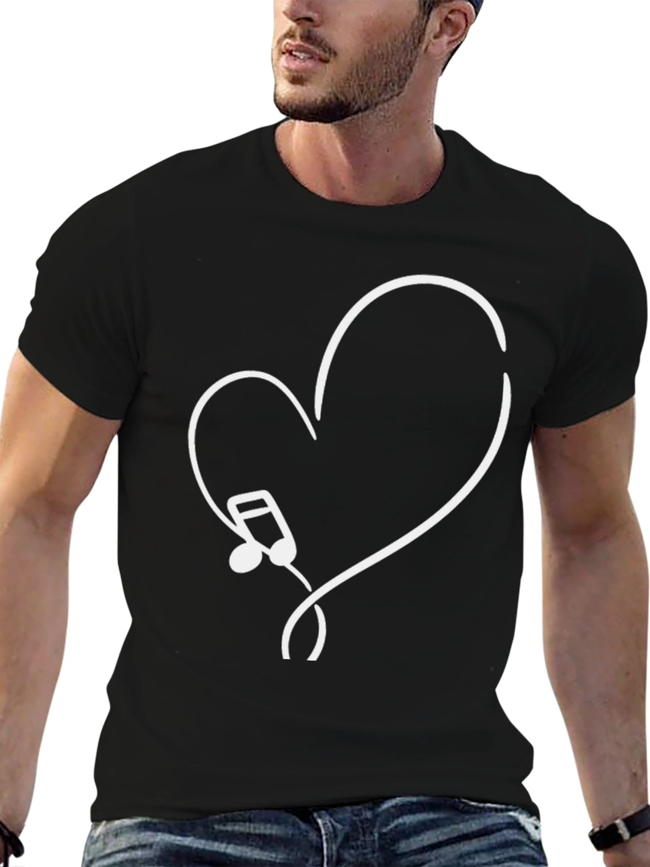 Music Note Heart Graphic Tee - Black Cotton T-Shirt