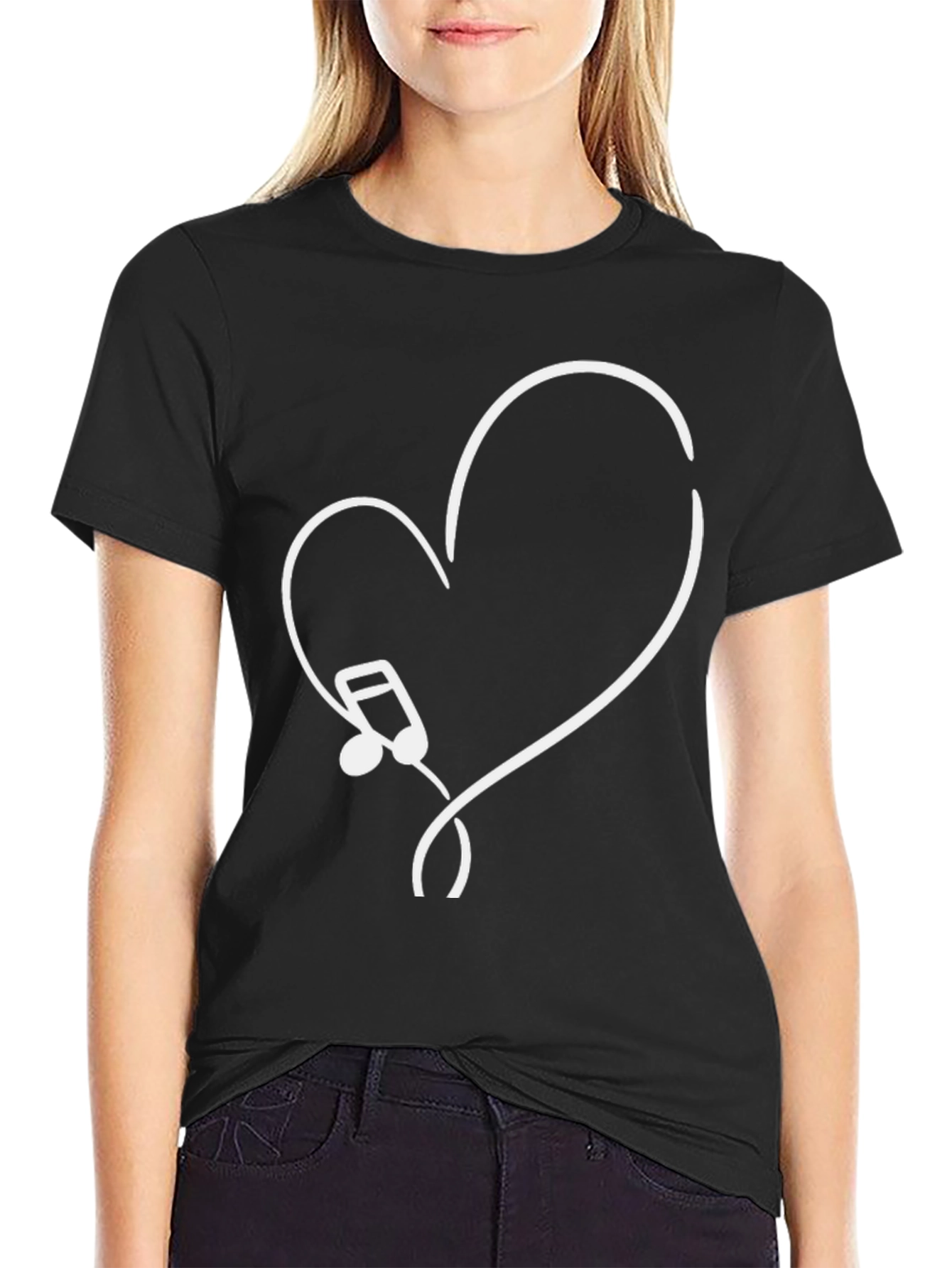 Music Note Heart Graphic Tee - Black Cotton T-Shirt