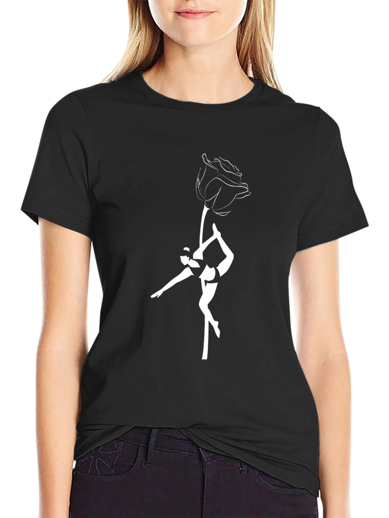 Black T-Shirt with Rose & Dancer Graphic Tee