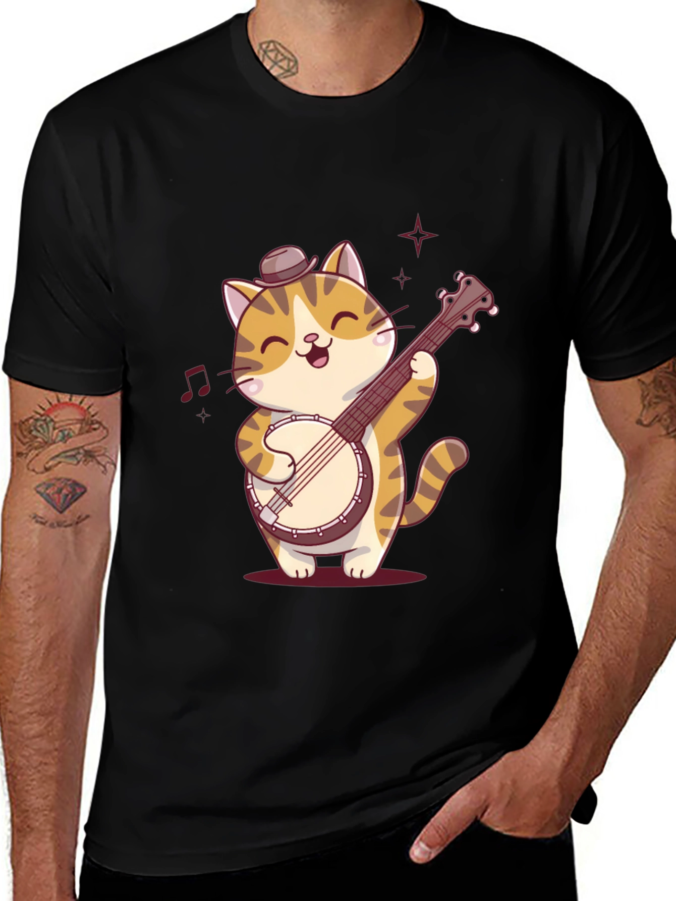 Cat Banjo Player Black T-Shirt