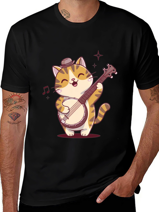 Cat Banjo Player Black T-Shirt