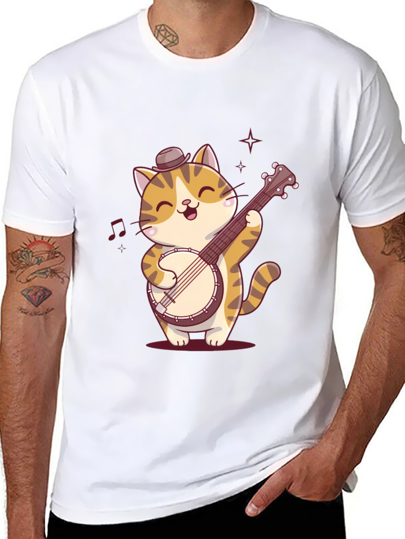 Cat Banjo Player Black T-Shirt