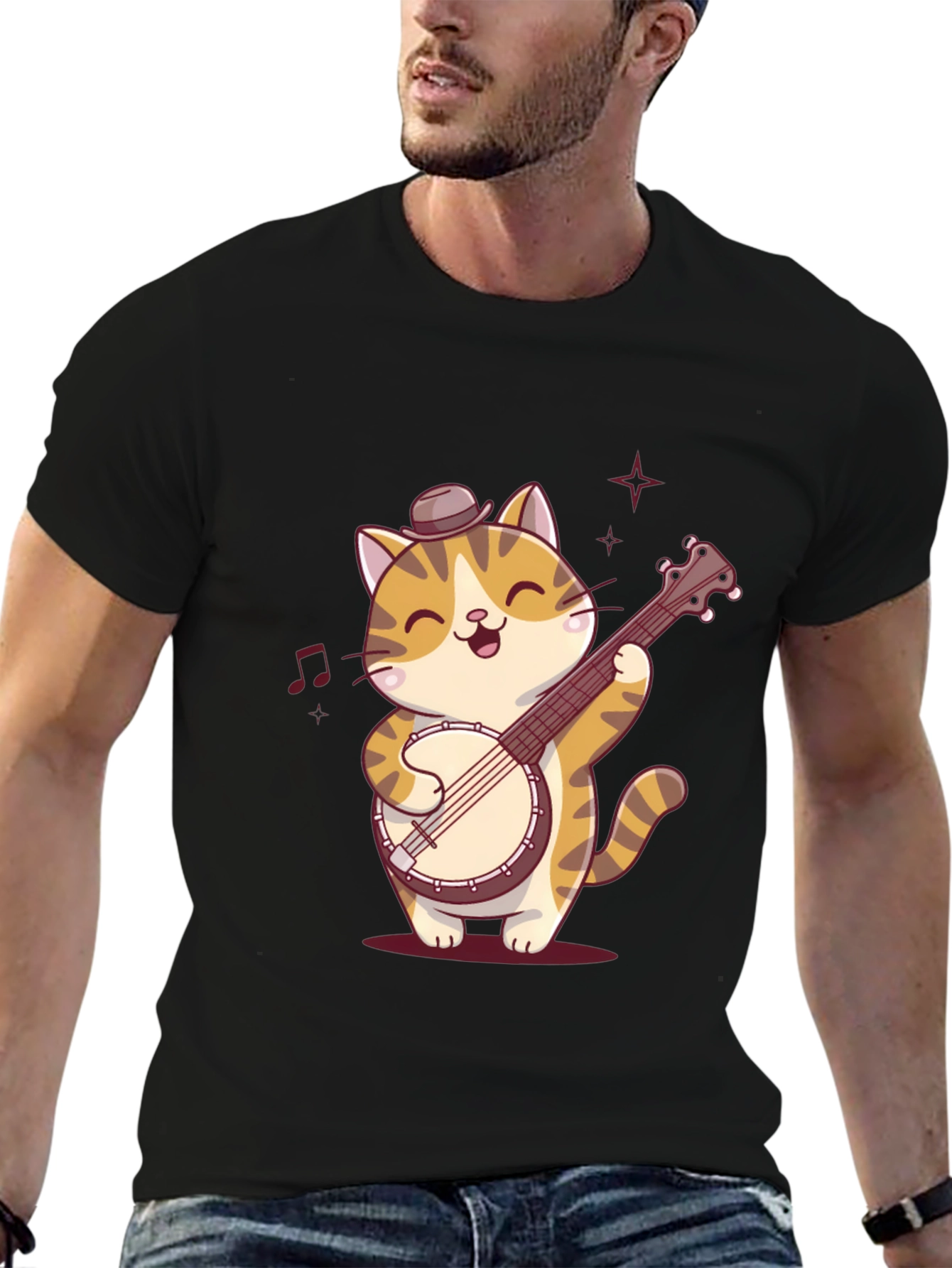 Cat Banjo Player Black T-Shirt