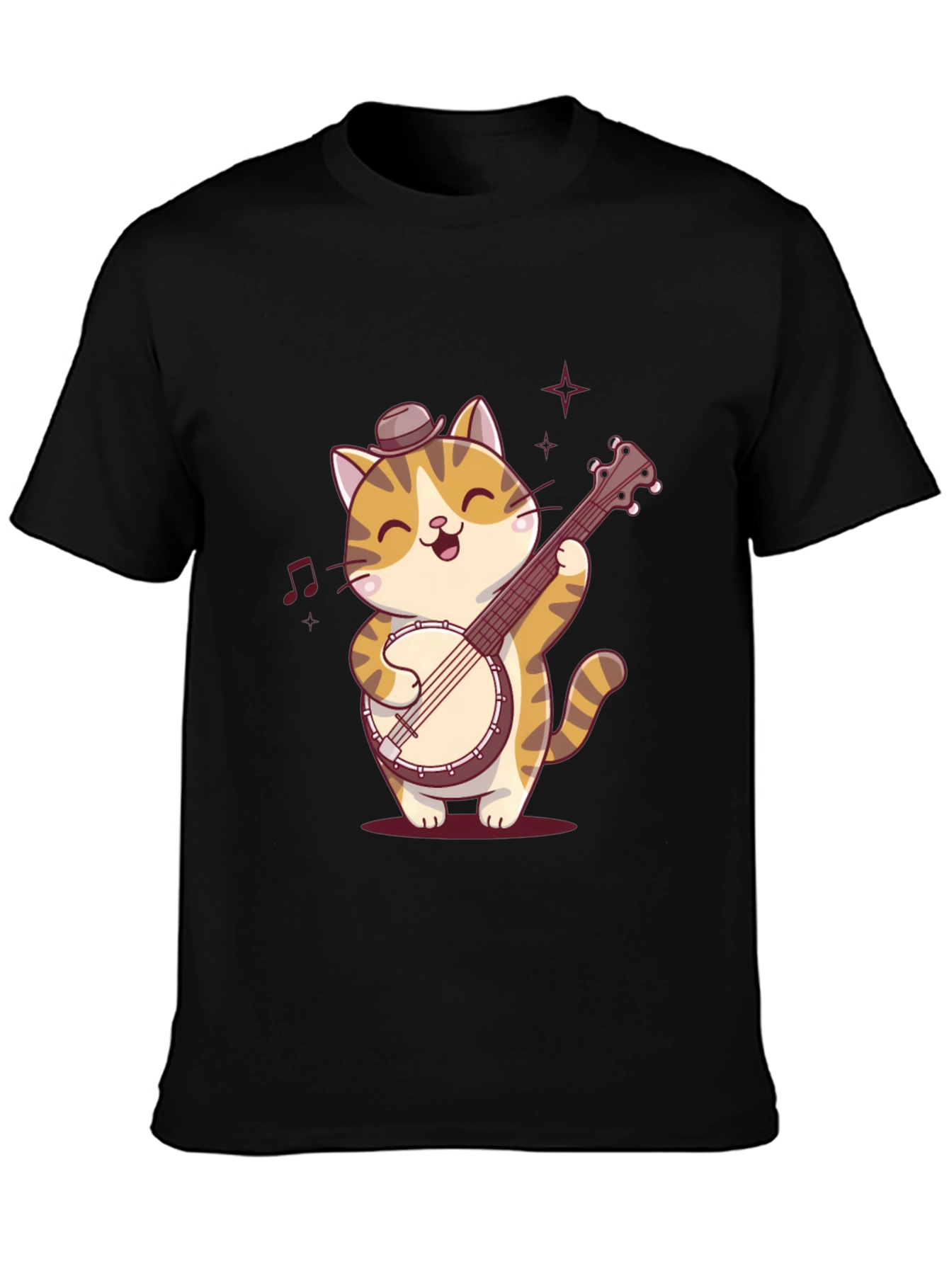 Cat Banjo Player Black T-Shirt