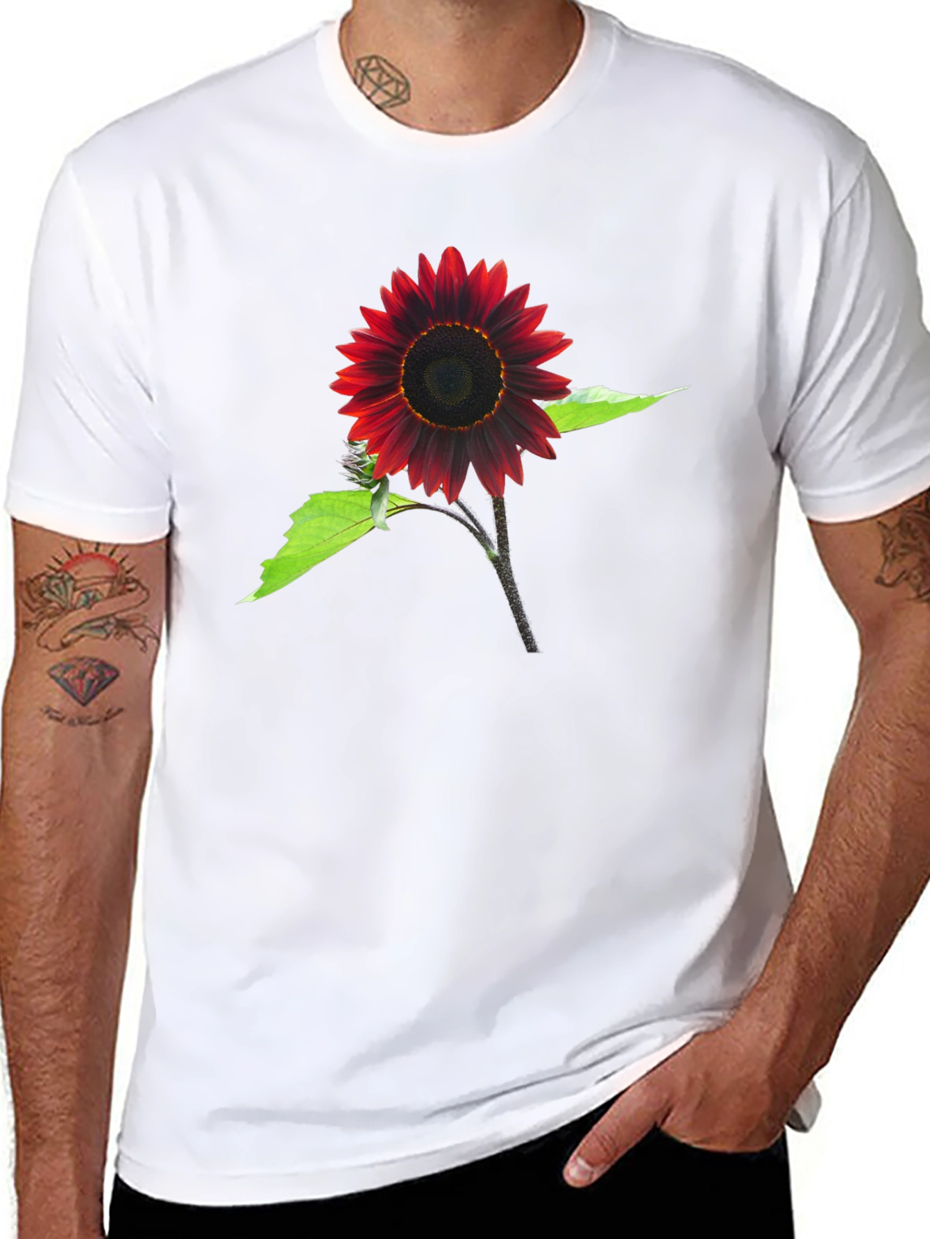 Red Sunflower Graphic Tee - Black Cotton Blend