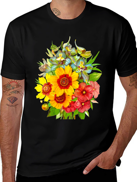 Floral Bouquet Graphic Tee - Stylish Mens Black T-Shirt